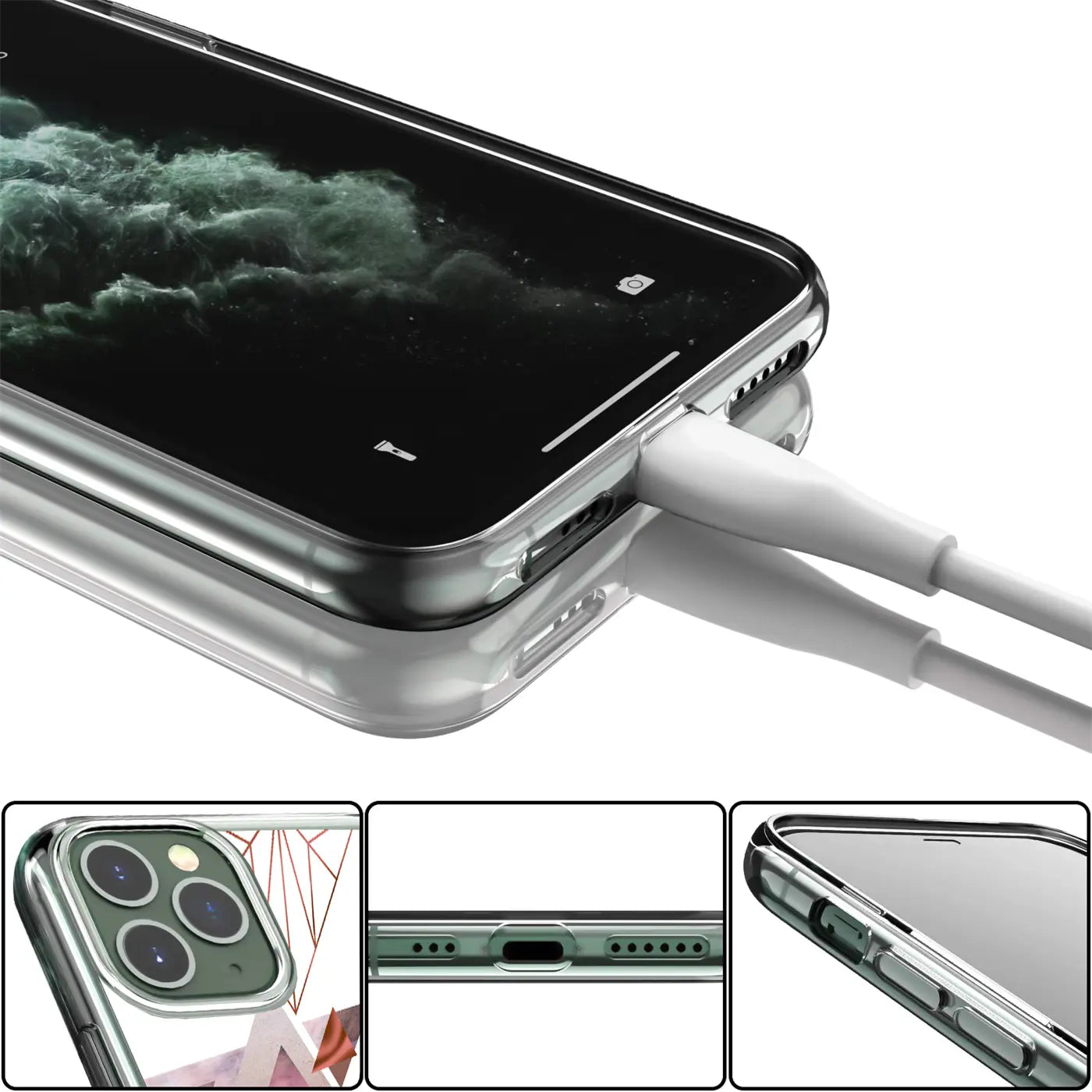 Transparentes TPU-Case für iPhone 13 Pro mit Motivdruck, von oben rechts, Ladekabel eingesteckt, 3 Detailansichten.