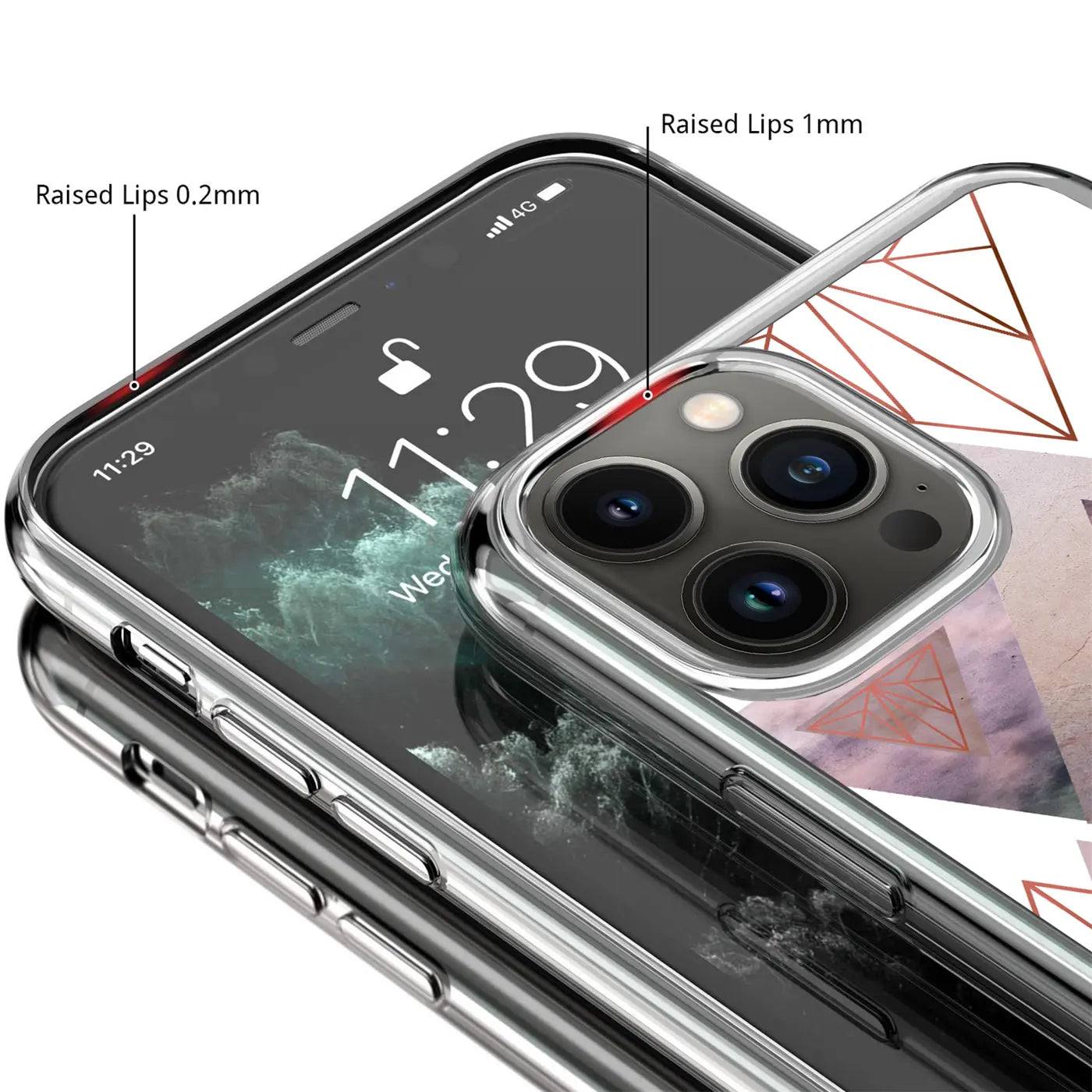 Transparentes TPU-Case mit geometrischem Motiv auf einem iPhone 13 Pro, schräg von oben. Erhöhte Ränder sind markiert.