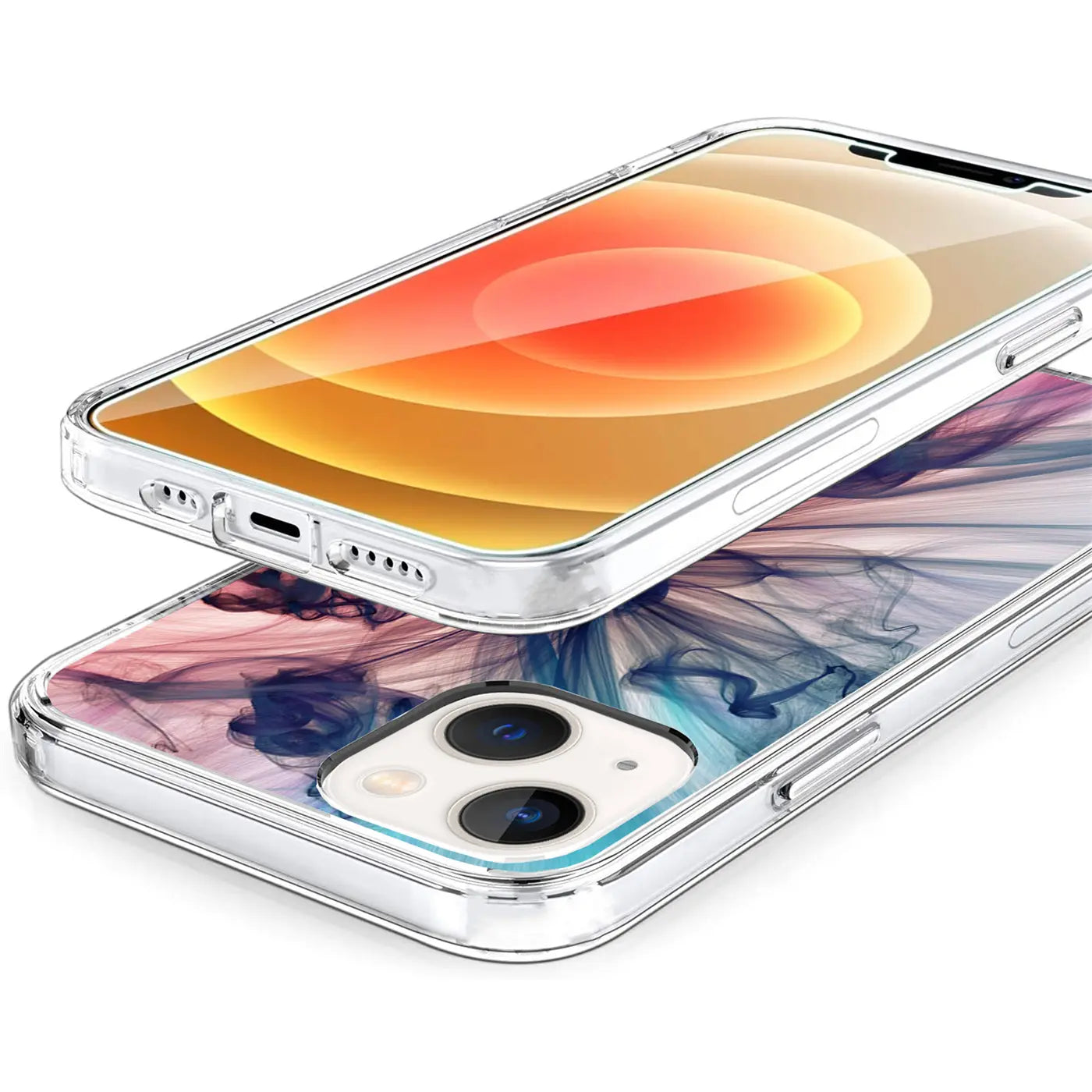 Zwei transparente TPU-Hüllen für iPhone 14, eine mit abstraktem Rauchmotiv in Blau/Rosa, schräg von oben.