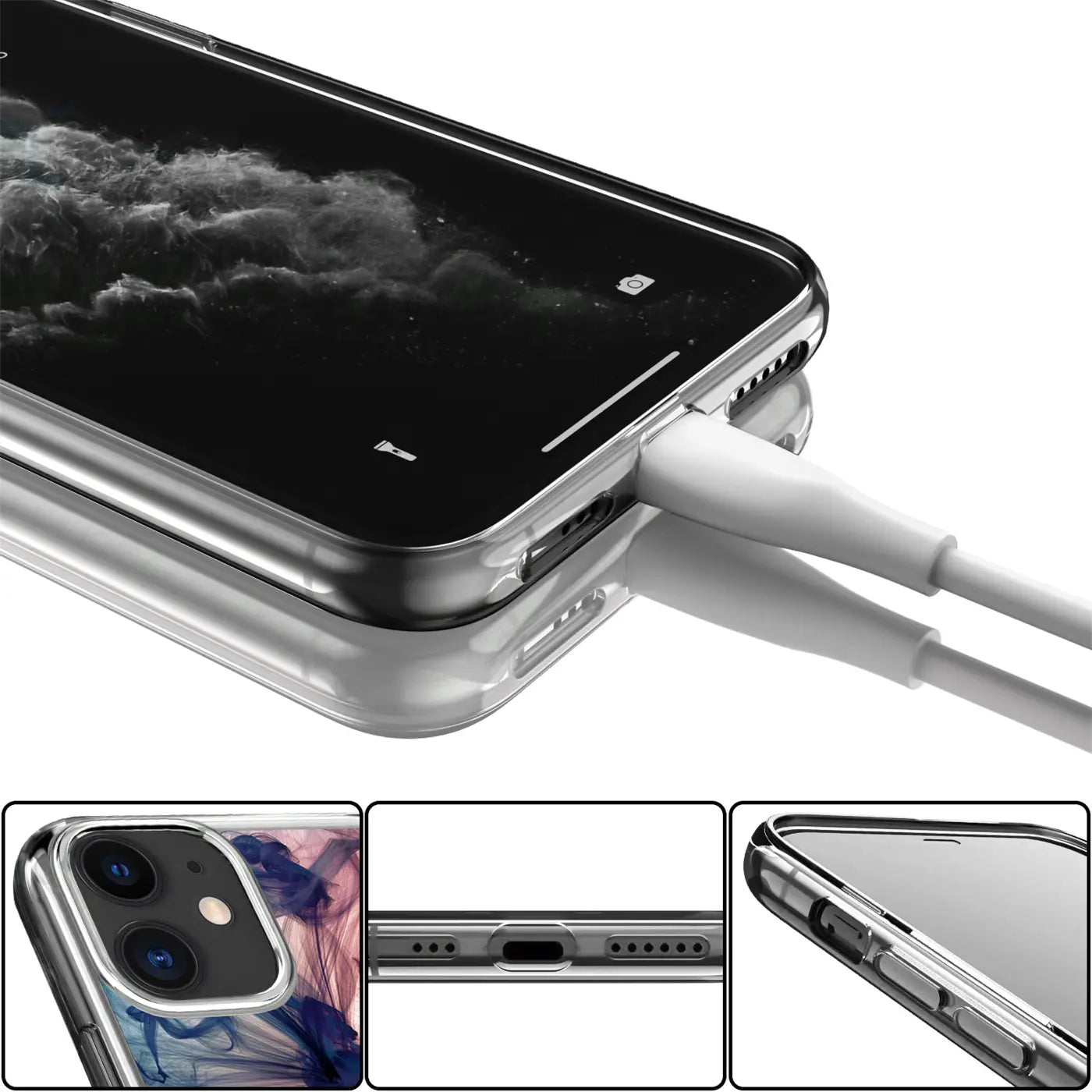 iPhone 14 in transparenter TPU-Hülle mit Motivdruck, von oben rechts. Ladekabel eingesteckt. Detailansichten unten.