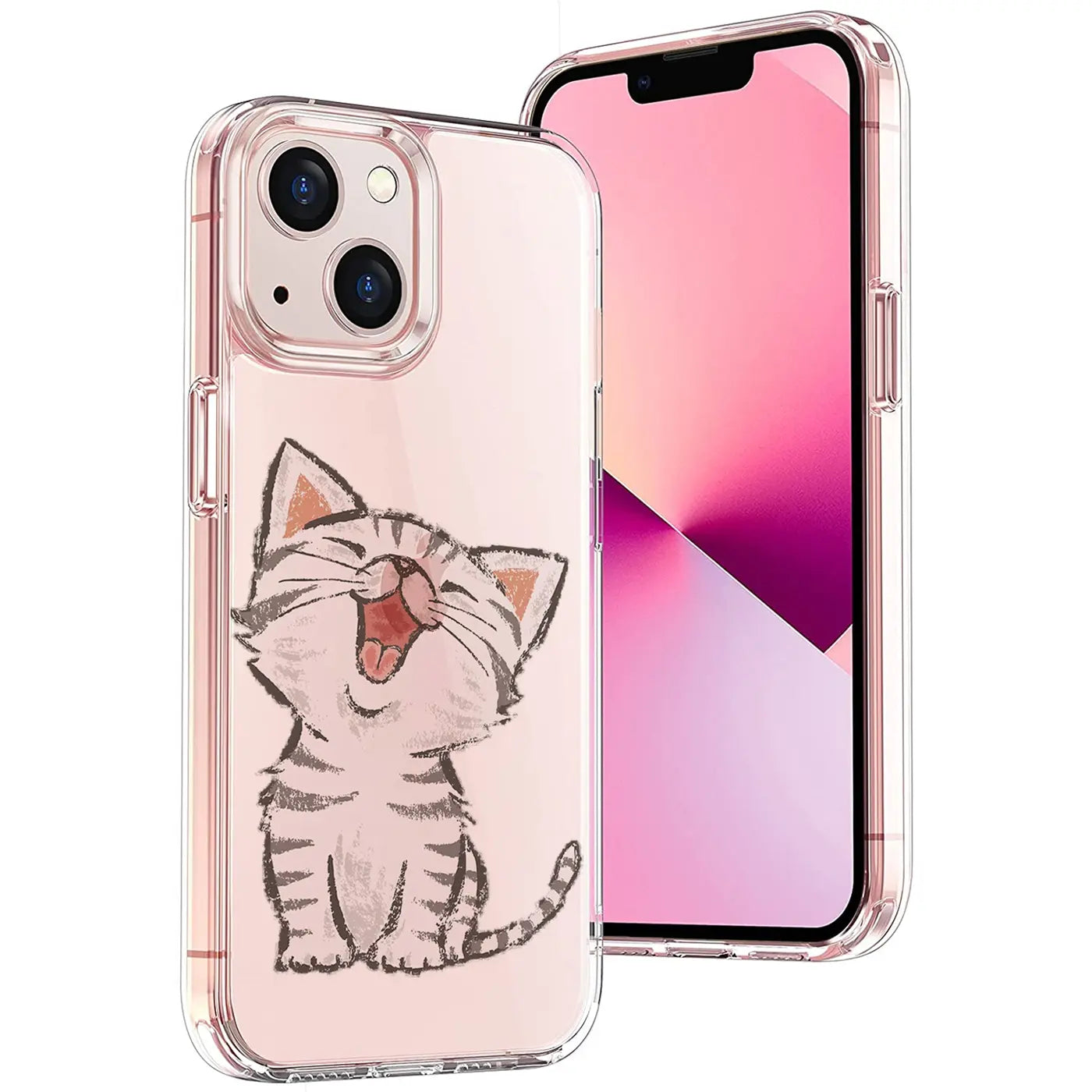 Transparente TPU-Hülle für iPhone 14, Rückseite mit lachendem Katzenmotiv, Vorderseite des Handys sichtbar.