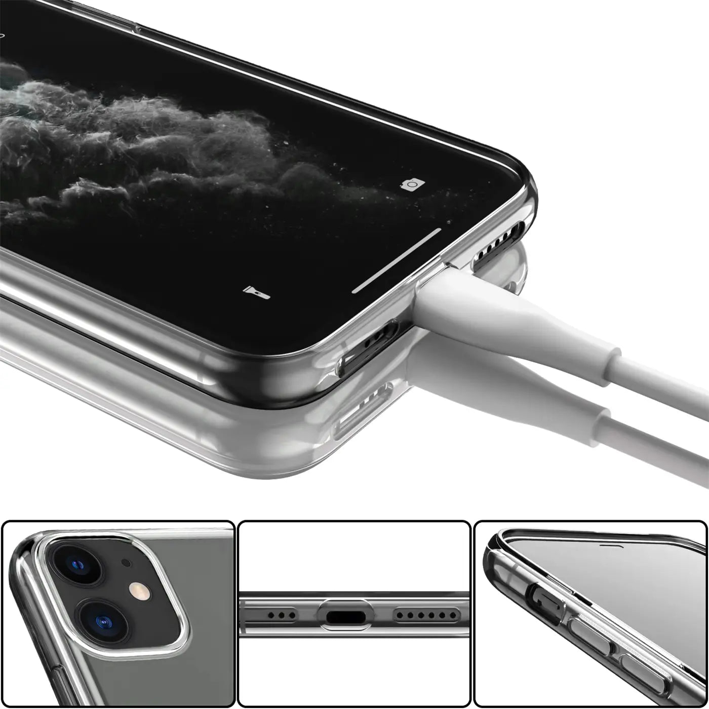 iPhone 14 in transparenter TPU-Hülle, von oben rechts, mit eingestecktem weißem Ladekabel. Unten drei Detailansichten.