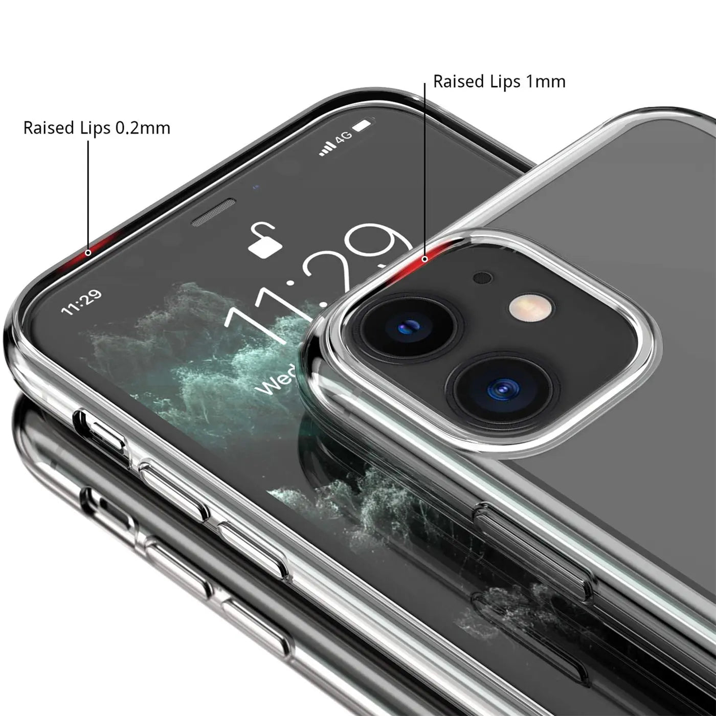 Transparentes TPU-Case auf einem iPhone 14, schräg von oben. Erhöhte Ränder (0,2mm Display, 1mm Kamera) sind markiert.