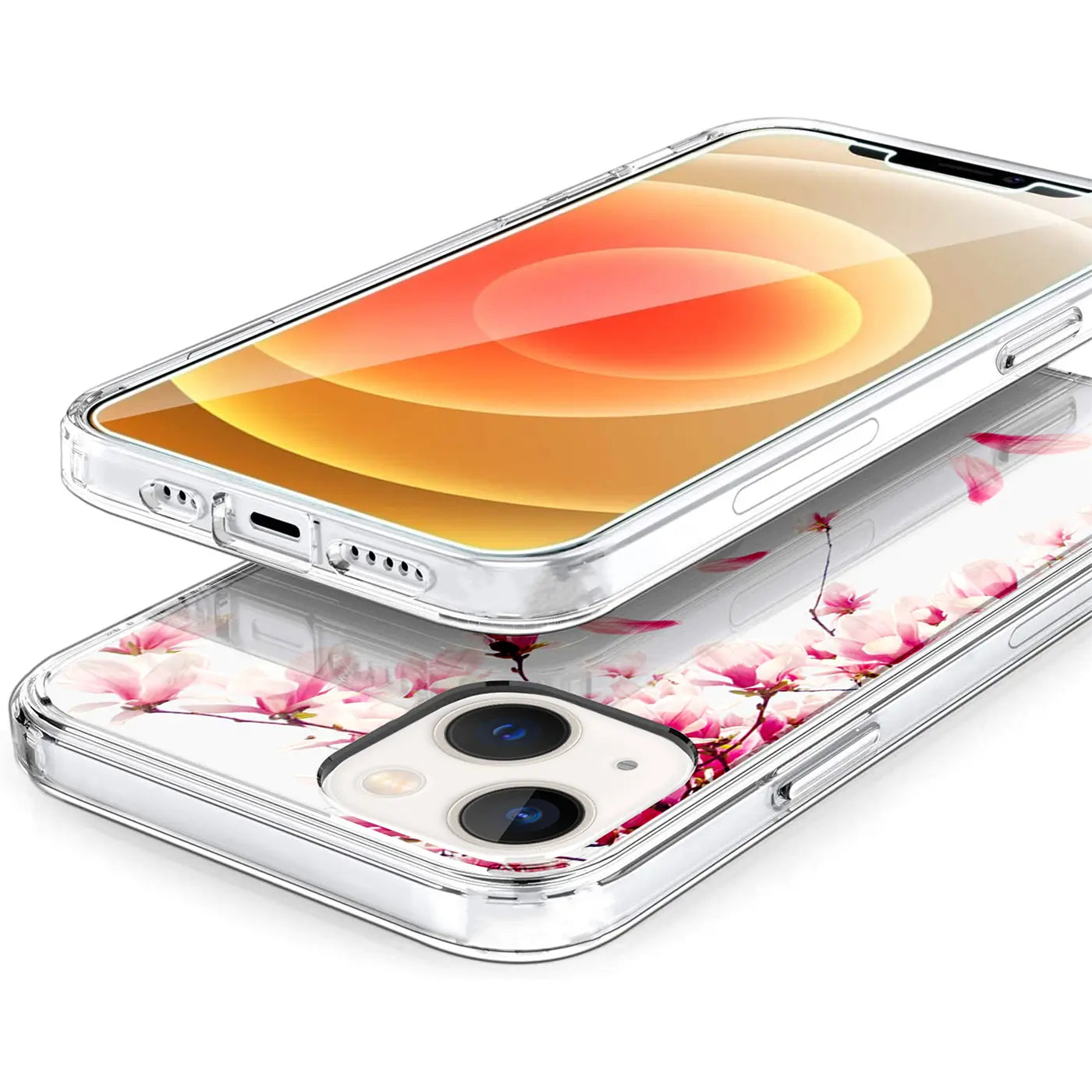 Transparente TPU-Hülle für iPhone 14 mit rosafarbenem Blütenmuster, schräg von oben.