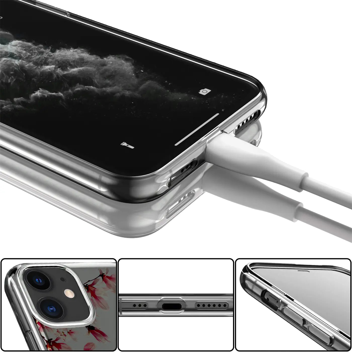 iPhone 14 in transparenter TPU-Hülle mit Motiv, von unten rechts, Ladekabel eingesteckt.