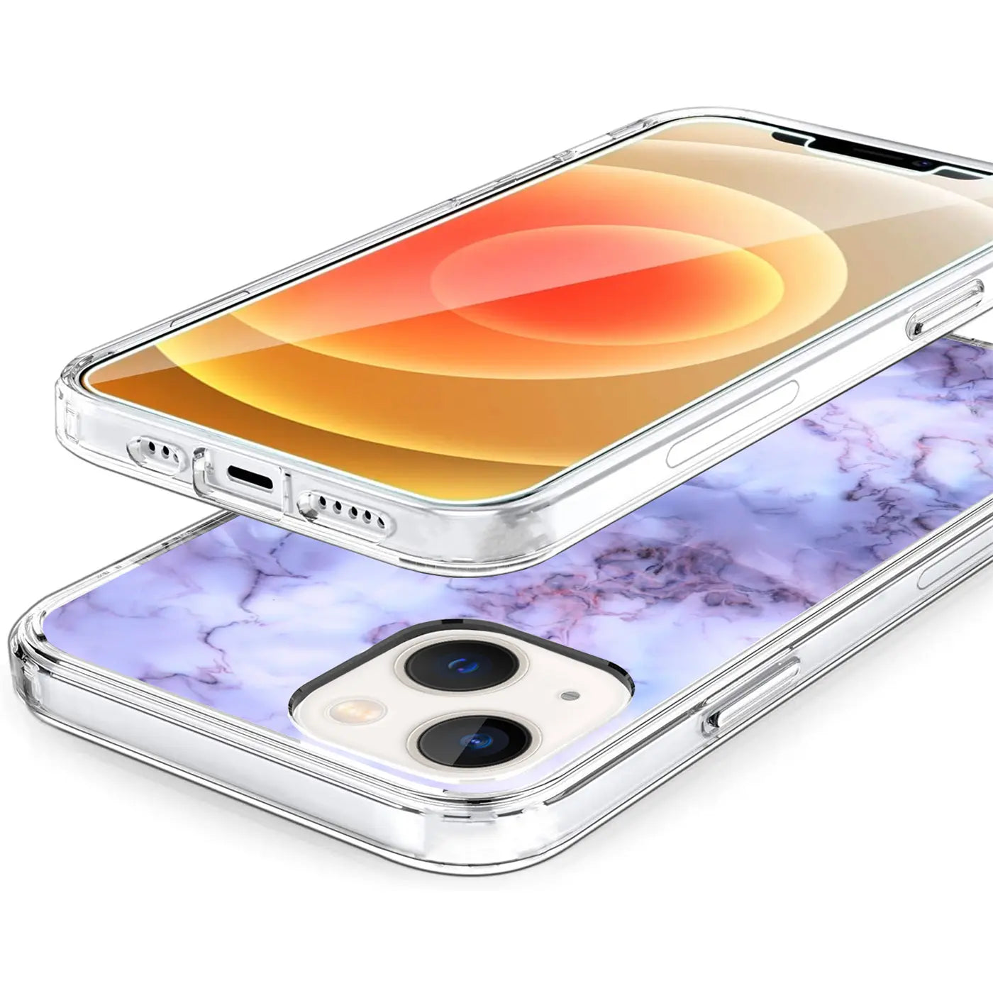 Zwei iPhone 14 TPU-Hüllen mit lila Marmor-Motiv, transparentem Rand, schräg übereinander liegend, von oben.
