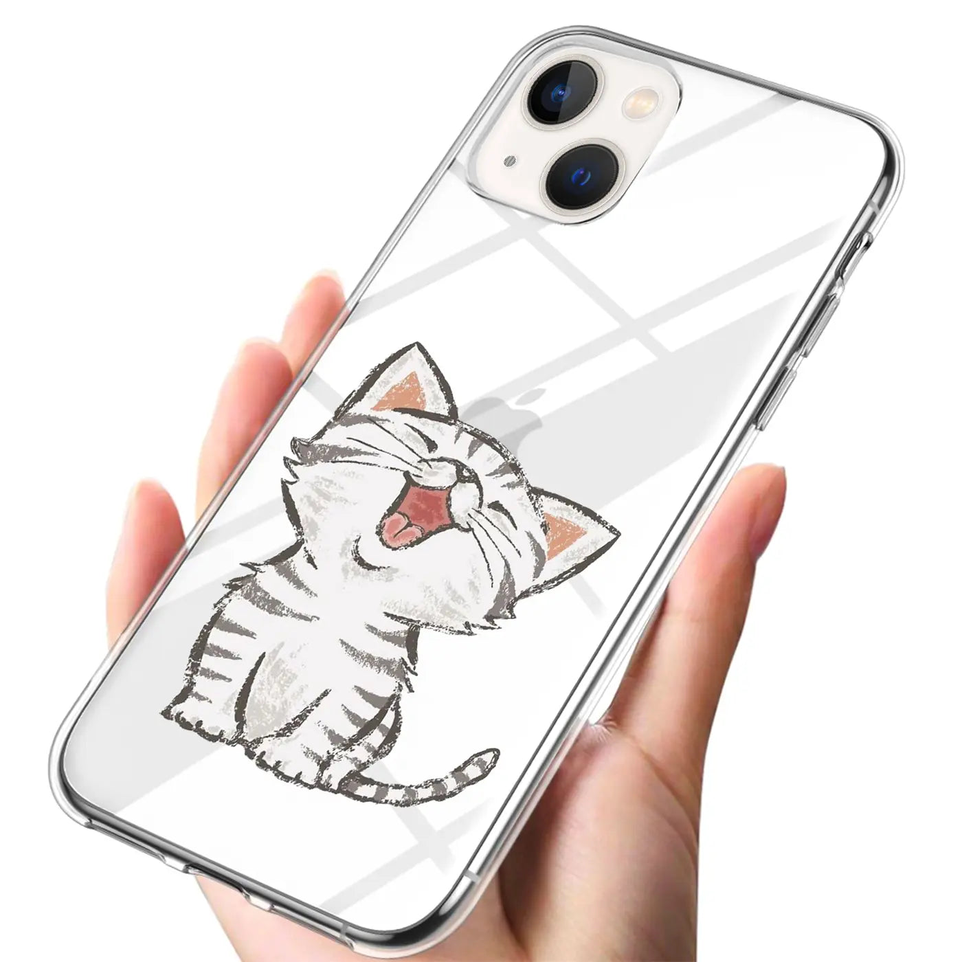 Hand hält transparente TPU-Hülle für iPhone 14 Plus mit lachendem, gestreiftem Katzenmotiv, schräg von oben.