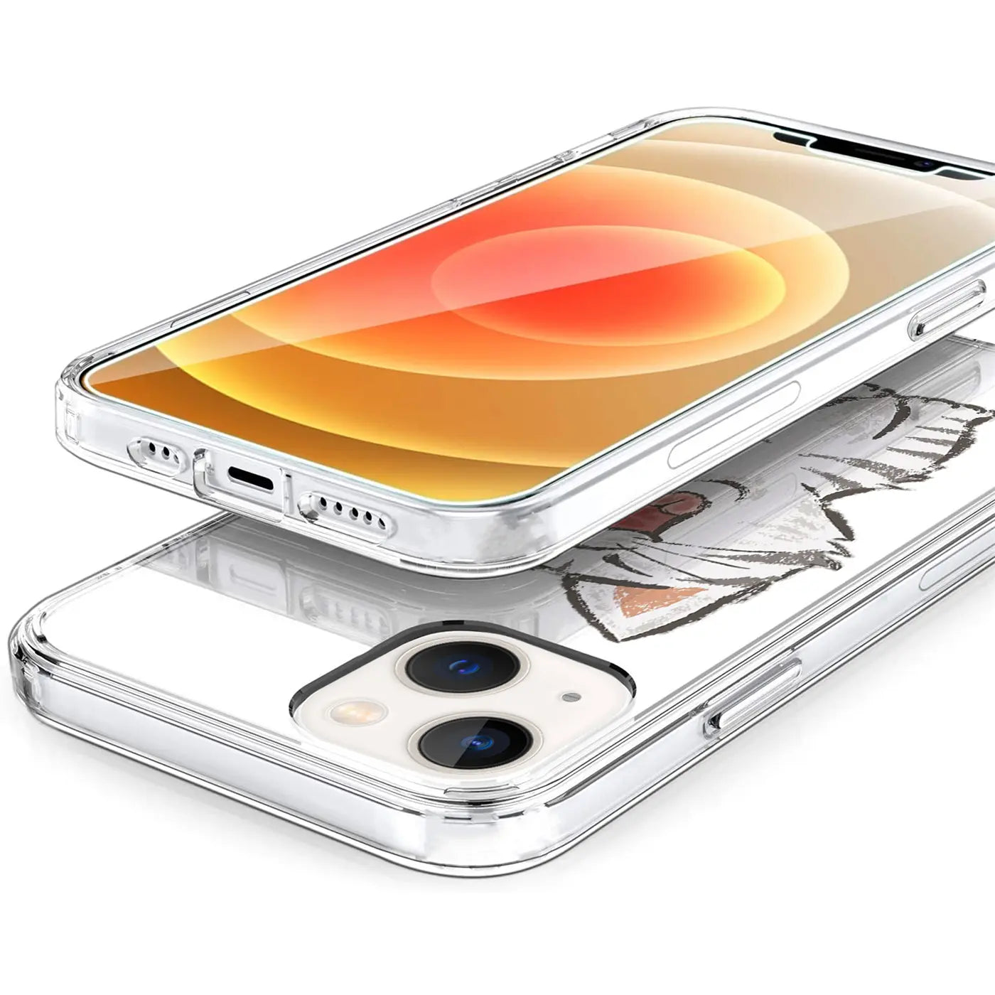 Transparente TPU-Hülle für iPhone 14 Plus mit Katzenmotiv, von oben schräg auf weißem Hintergrund.