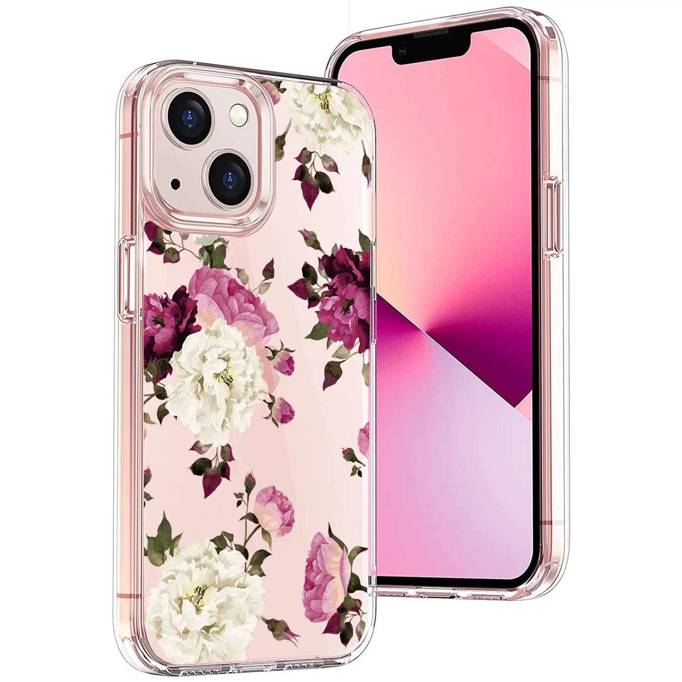 iPhone 14 Plus TPU-Hülle, transparent mit rosa Hintergrund und weißen/violetten Blumen, schräg von hinten.