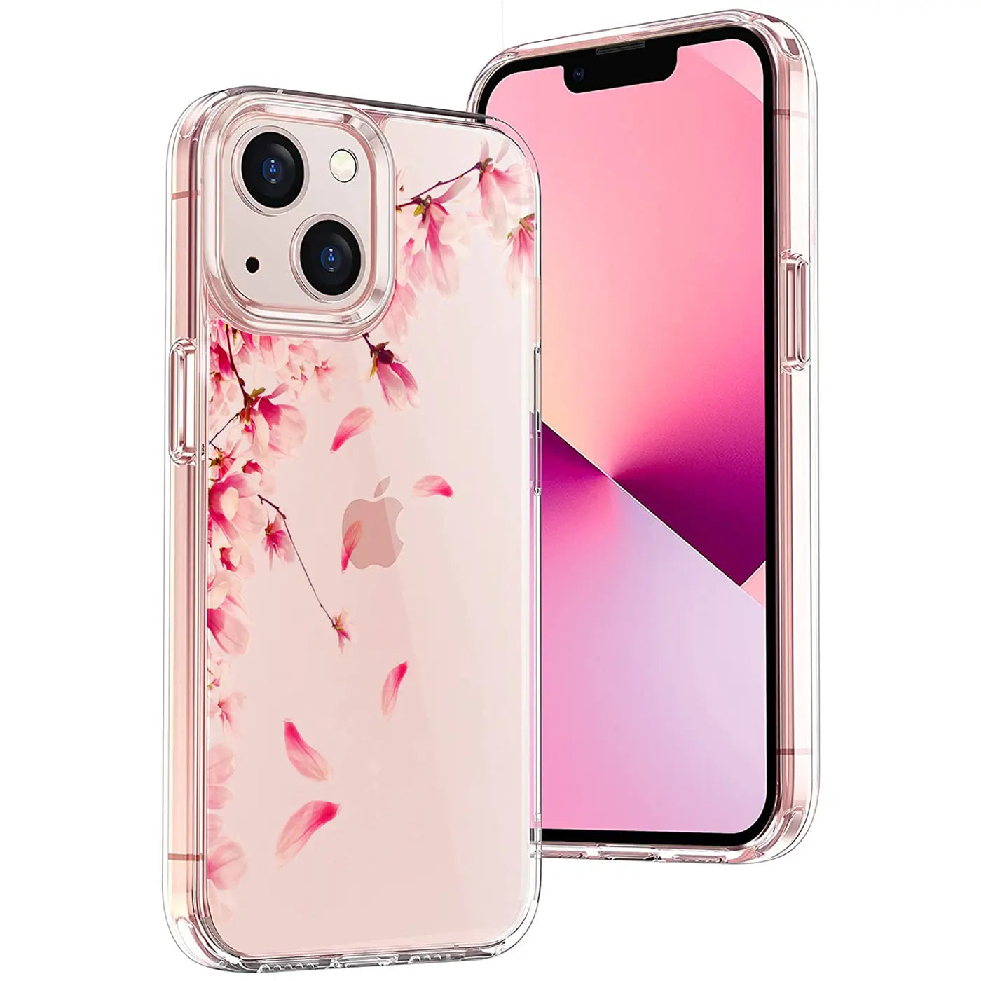 Transparentes TPU iPhone 14 Plus Case mit rosa Kirschblüten-Motivdruck, leicht schräg von hinten links.