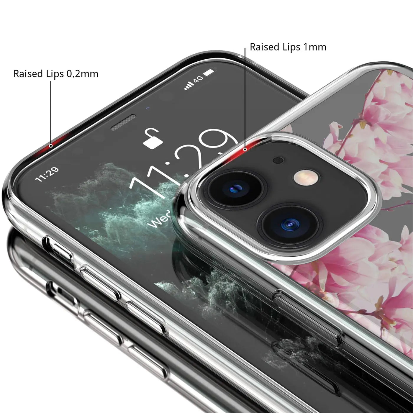 Transparentes TPU-Case mit rosa Blütenmuster für iPhone 14 Plus, schräg von oben, Fokus auf Kameraschutz.
