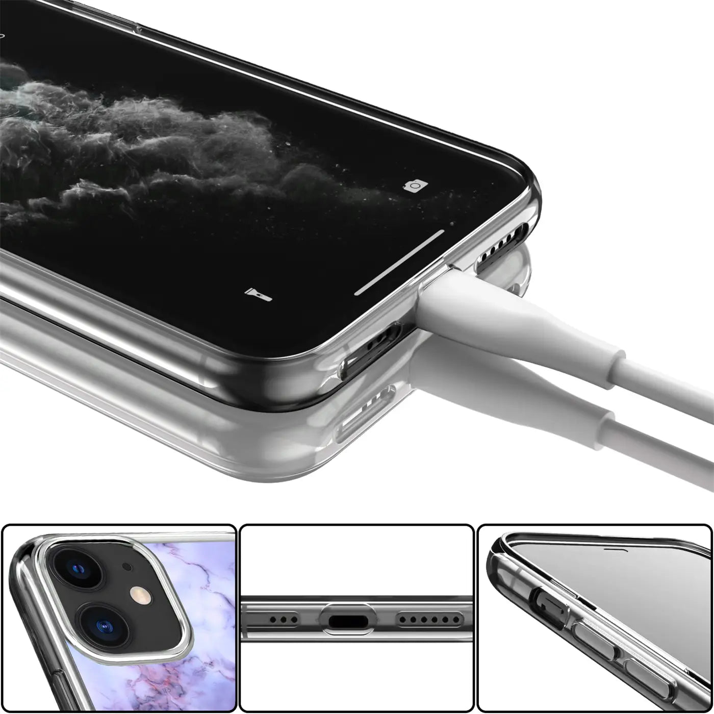iPhone 14 Plus in transparenter TPU-Hülle mit Marmor-Motiv, von unten rechts mit Ladekabel und Detailansichten.