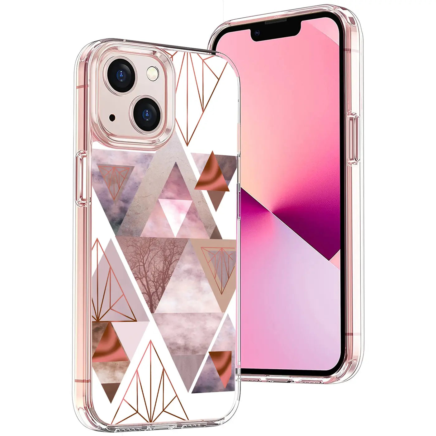 iPhone 14 Plus in transparenter TPU-Hülle mit roségoldenen Dreiecken und abstraktem Motiv, leicht schräg von vorn.