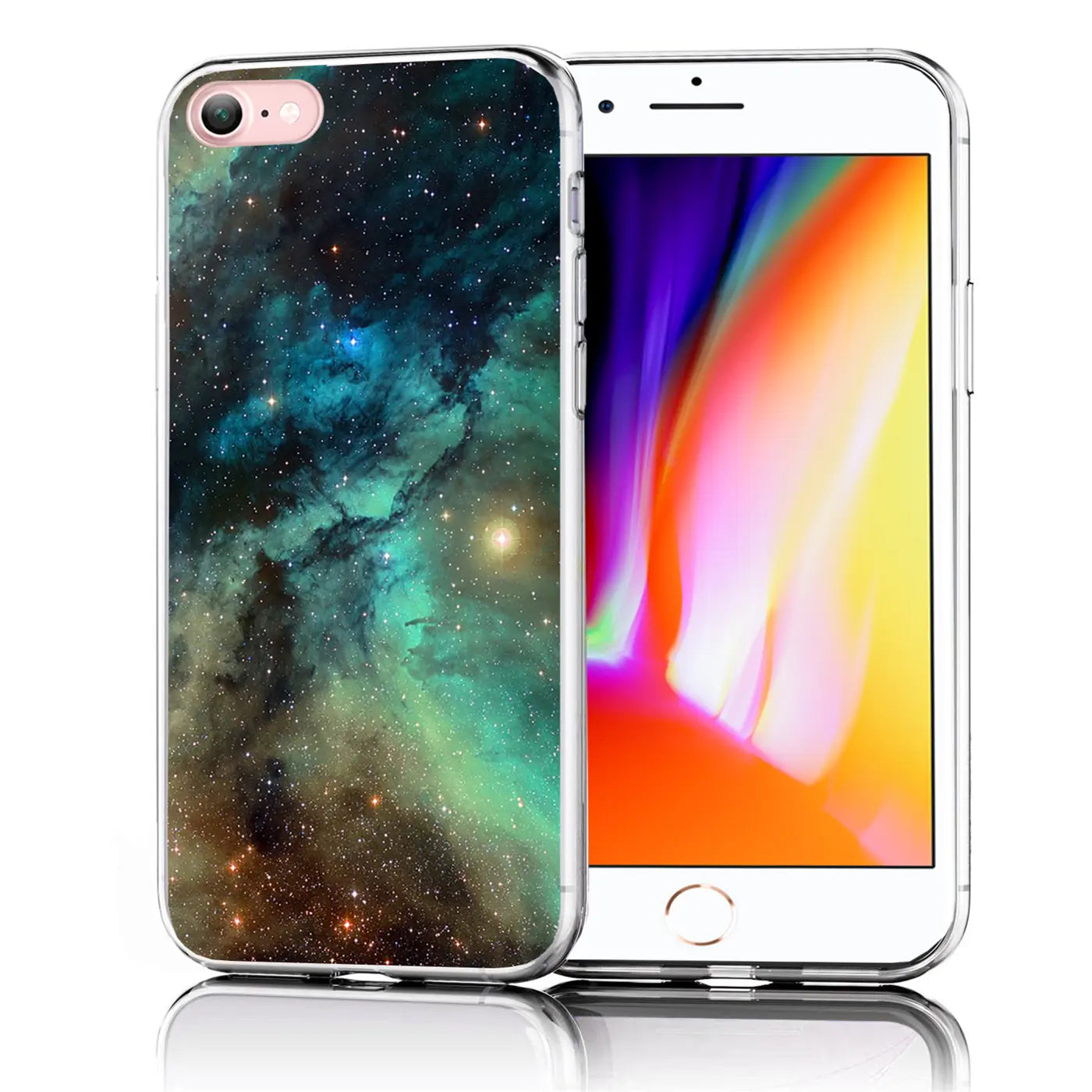 Zwei iPhone 7/8/SE 2/SE 3 in transparenten TPU-Hüllen, von vorne. Links mit blau-grünem Galaxie-Motiv.