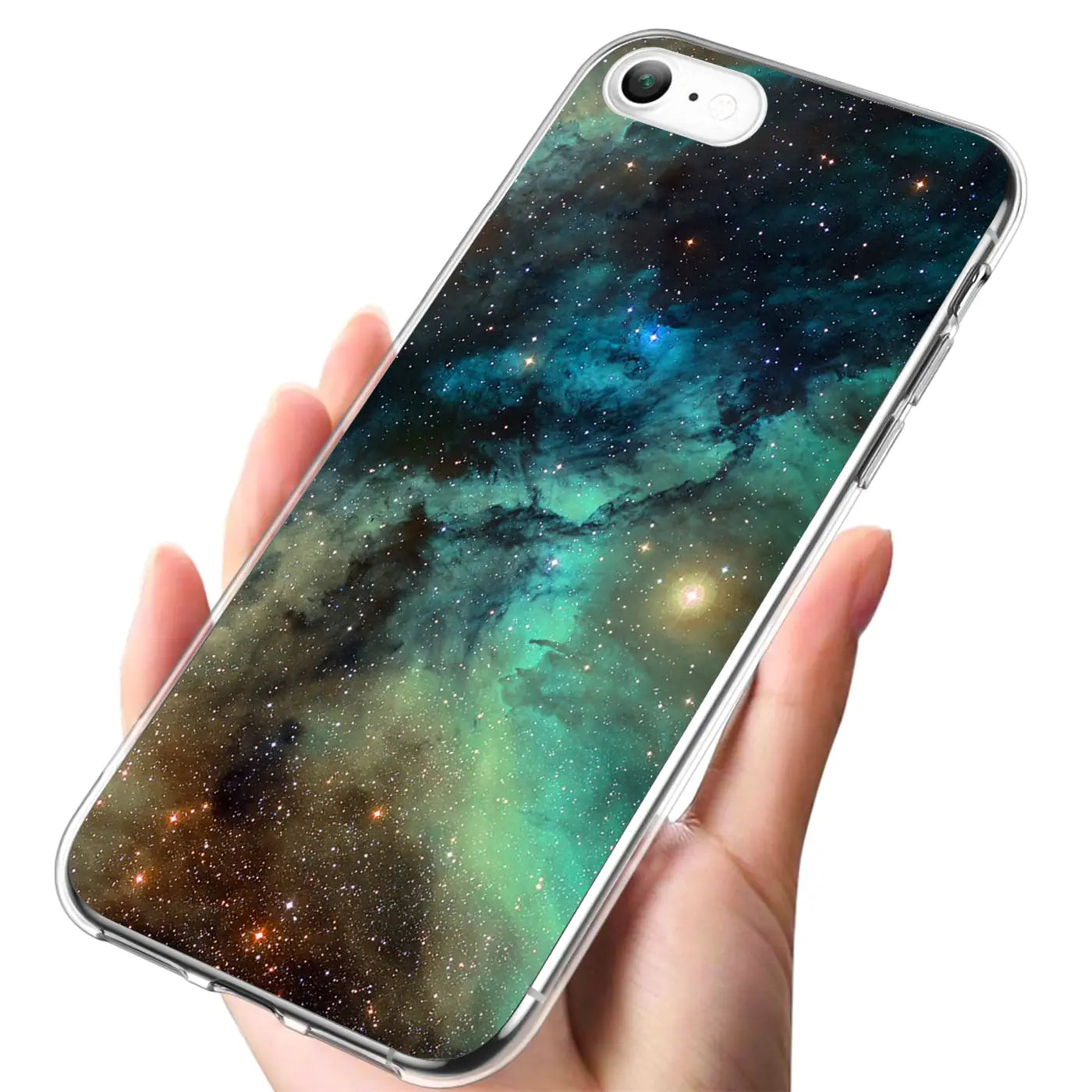 Hand hält transparentes TPU iPhone 7/8/SE 2/3 mit blau-grünem Galaxie-Motivdruck, von oben rechts.
