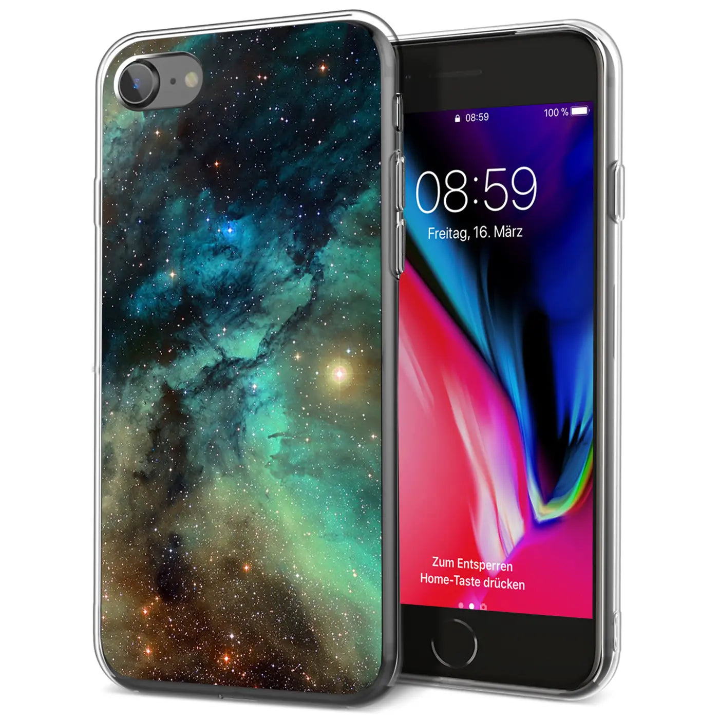 iPhone 7/8/SE 2/SE 3 in transparenter TPU-Hülle mit blau-grünem Galaxie-Motivdruck, leicht schräg von vorne.