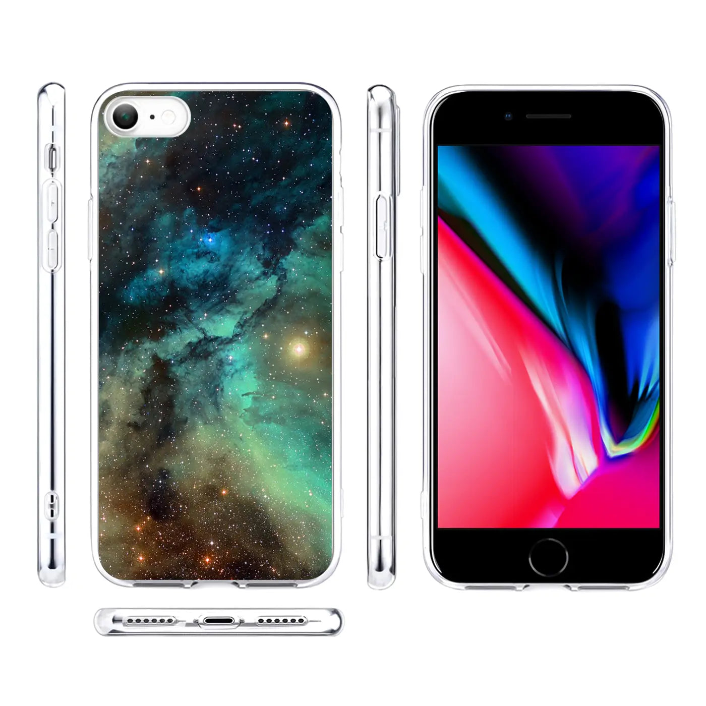iPhone 7/8/SE 2/SE 3 in transparenter TPU-Hülle mit Weltraum-Motivdruck, Ansichten von Rückseite, Vorderseite, Seiten und.