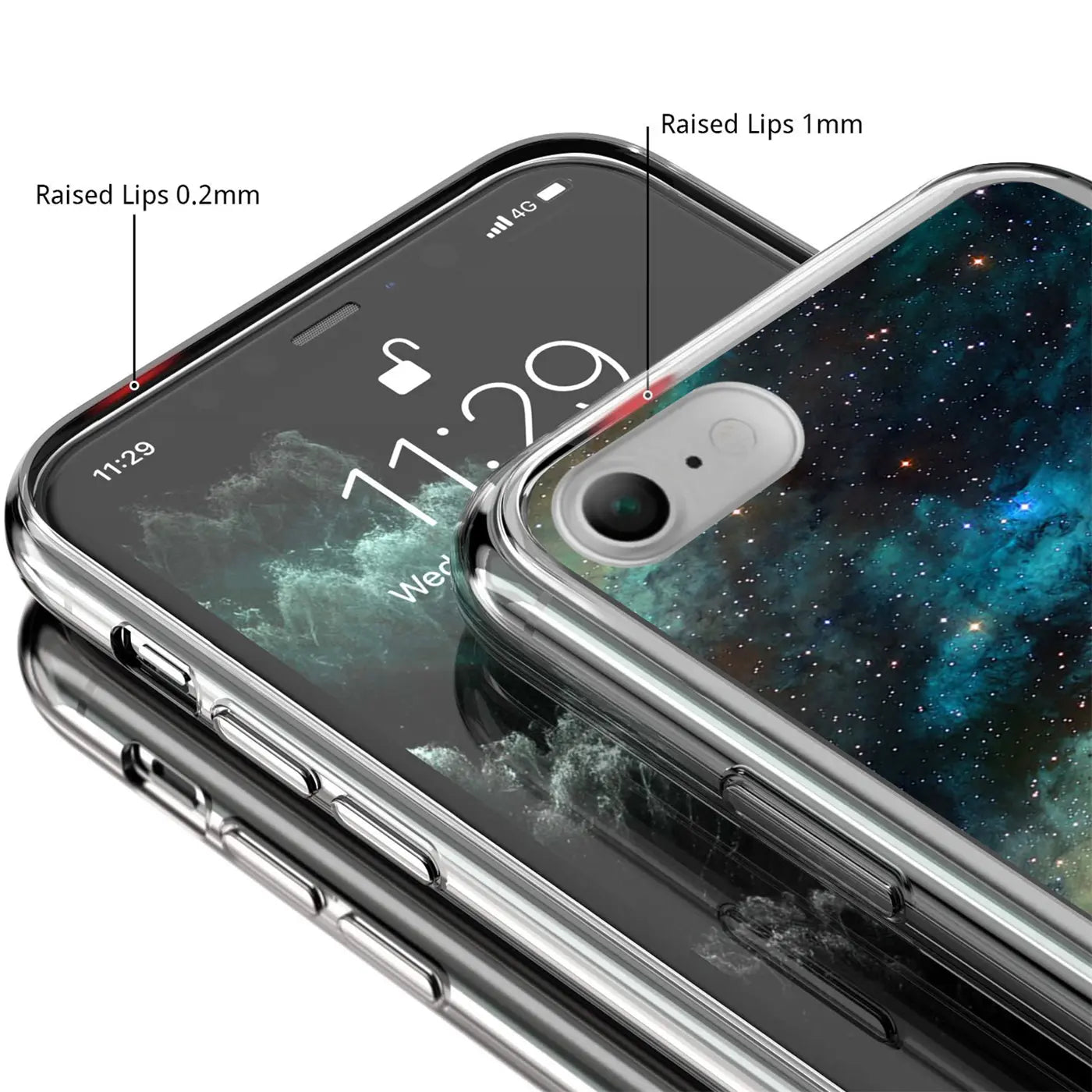 Nahaufnahme eines iPhone 7/8/SE 2/SE 3 mit transparenter TPU-Hülle und Galaxie-Motivdruck, schräg von oben.