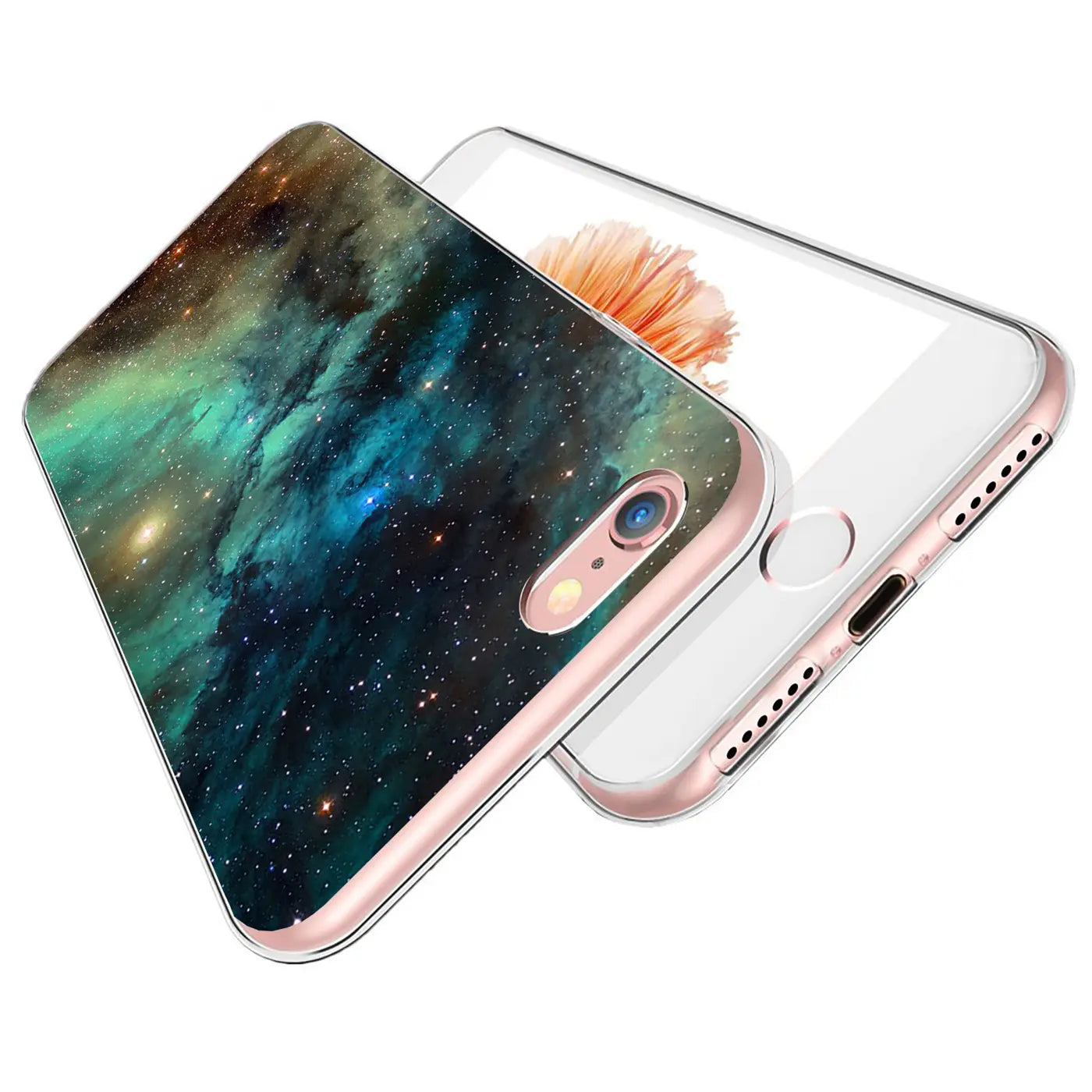 Roségoldenes iPhone 7/8/SE mit transparenter TPU-Hülle, bedruckt mit blau-grüner Galaxie, schräg von oben.