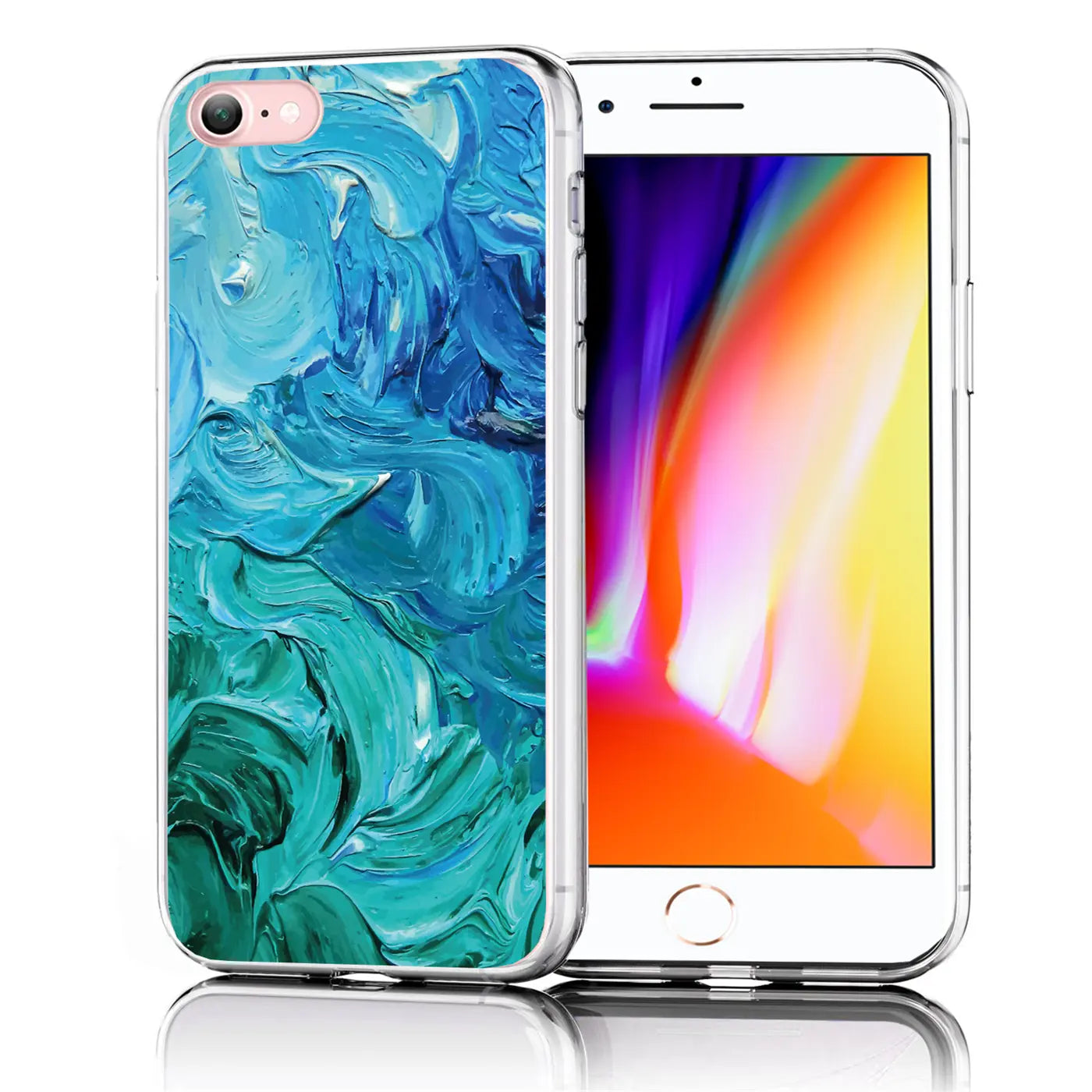 iPhone 7/8/SE 2/SE 3 TPU Hülle mit blauem, gemaltem Wellenmotiv, von hinten links oben gesehen.