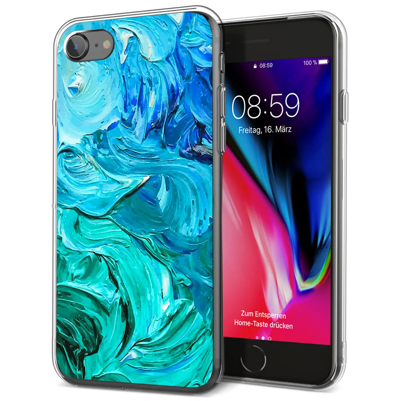 Zwei iPhone 7/8/SE 2/SE 3 in transparenten TPU-Hüllen, schräg von oben. Links mit blau-grünem Motivdruck, rechts Display an.