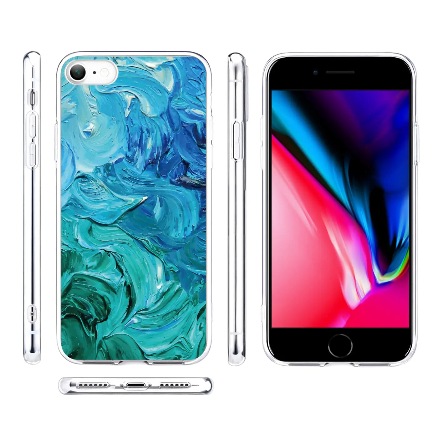 iPhone 7/8/SE 2/SE 3 in transparenter TPU-Hülle mit blau-türkisem, abstraktem Motivdruck. Ansichten von Rückseite, Seiten.