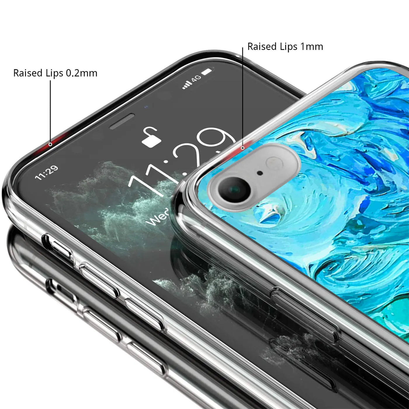 Transparente TPU-Hülle mit blauem Motivdruck auf einem iPhone SE 2/3, von oben rechts schräg fotografiert.