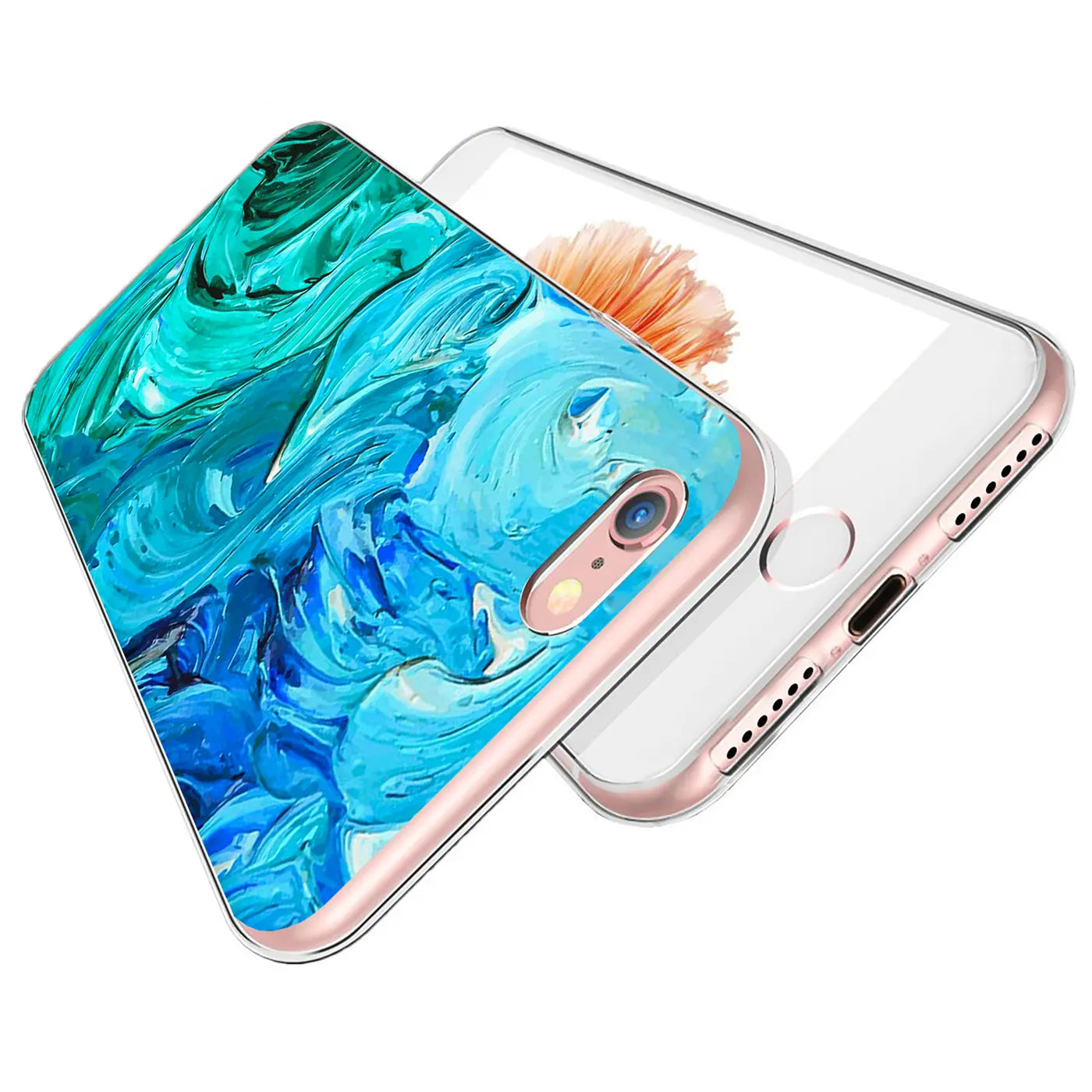 iPhone 7/8/SE 2/SE 3 mit transparenter TPU-Hülle, Rückseite mit blau-grünem Pinselstrich-Motiv, schräg von oben.