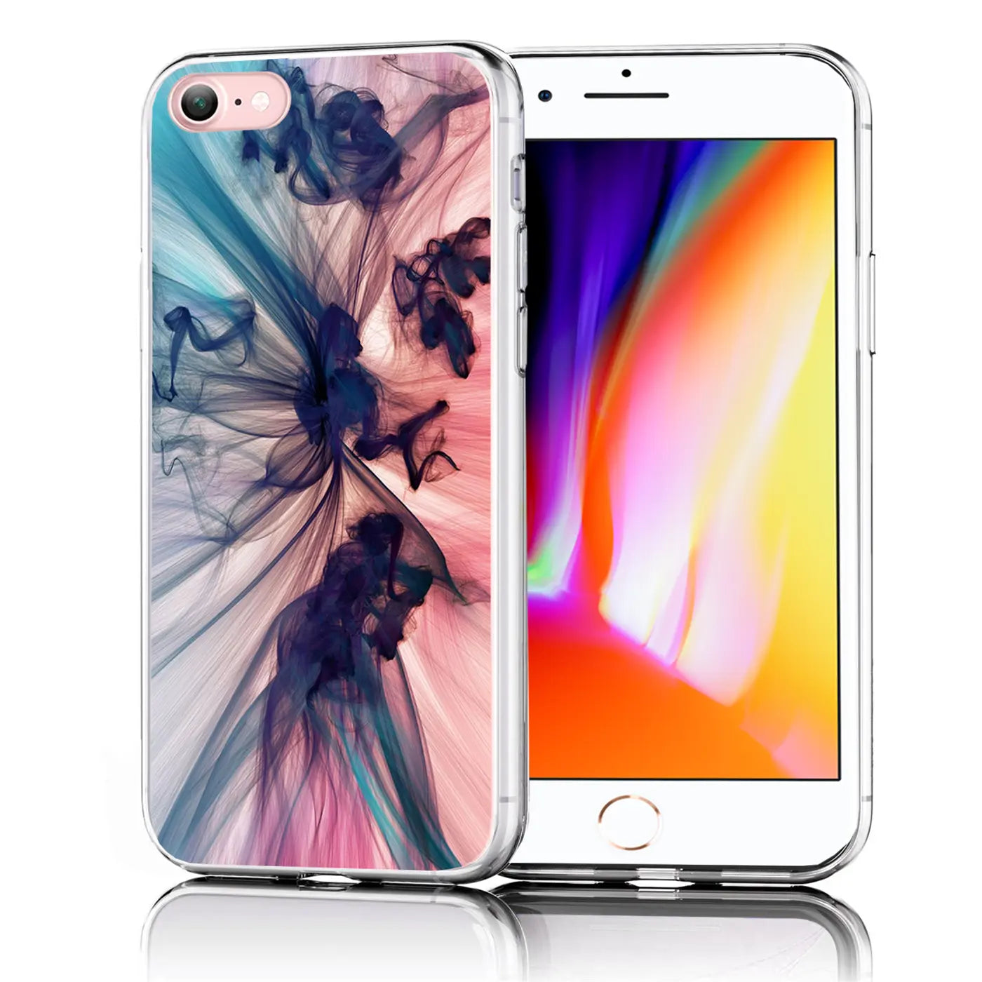 Transparente TPU-Hülle für iPhone 7/8/SE 2/SE 3 mit blau-rosa Rauchmotiv, schräg von vorne.