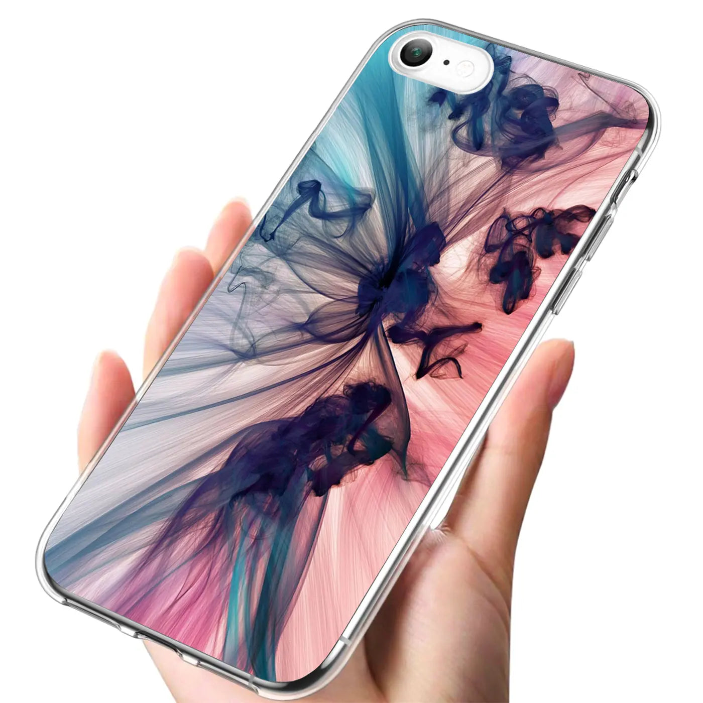 Hand gehaltenes iPhone 7/8/SE 2/SE 3 mit transparenter TPU-Hülle und blau-pinkem Rauch-Motivdruck, schräg von oben.