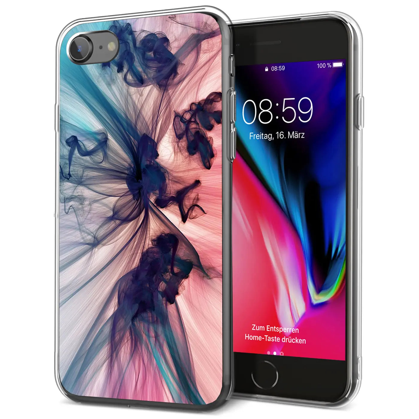iPhone 7/8/SE 2/3 in transparenter TPU-Hülle mit blau-rosa Rauchmotiv, leicht schräg von vorne rechts.
