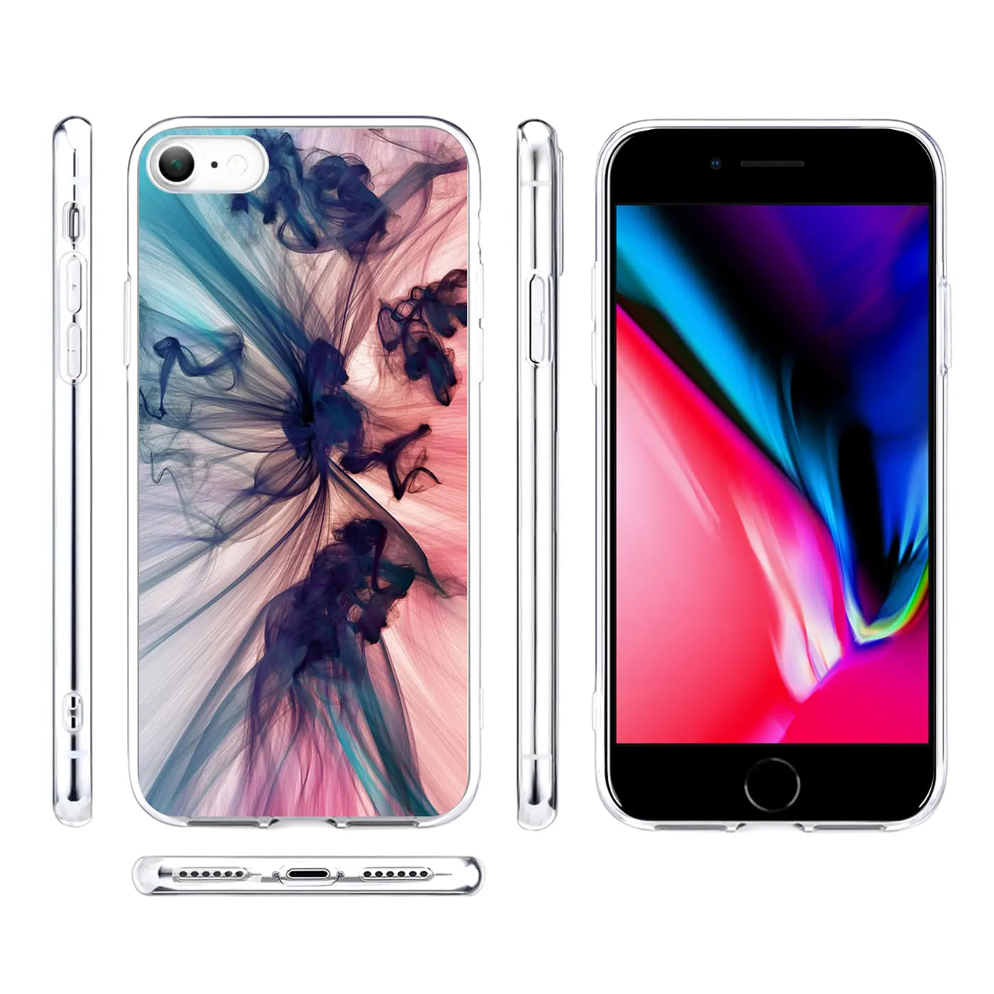 Transparente TPU-Hülle für iPhone 7/8/SE 2/SE 3 mit blau-rosa Rauchmotiv, von allen Seiten gezeigt.