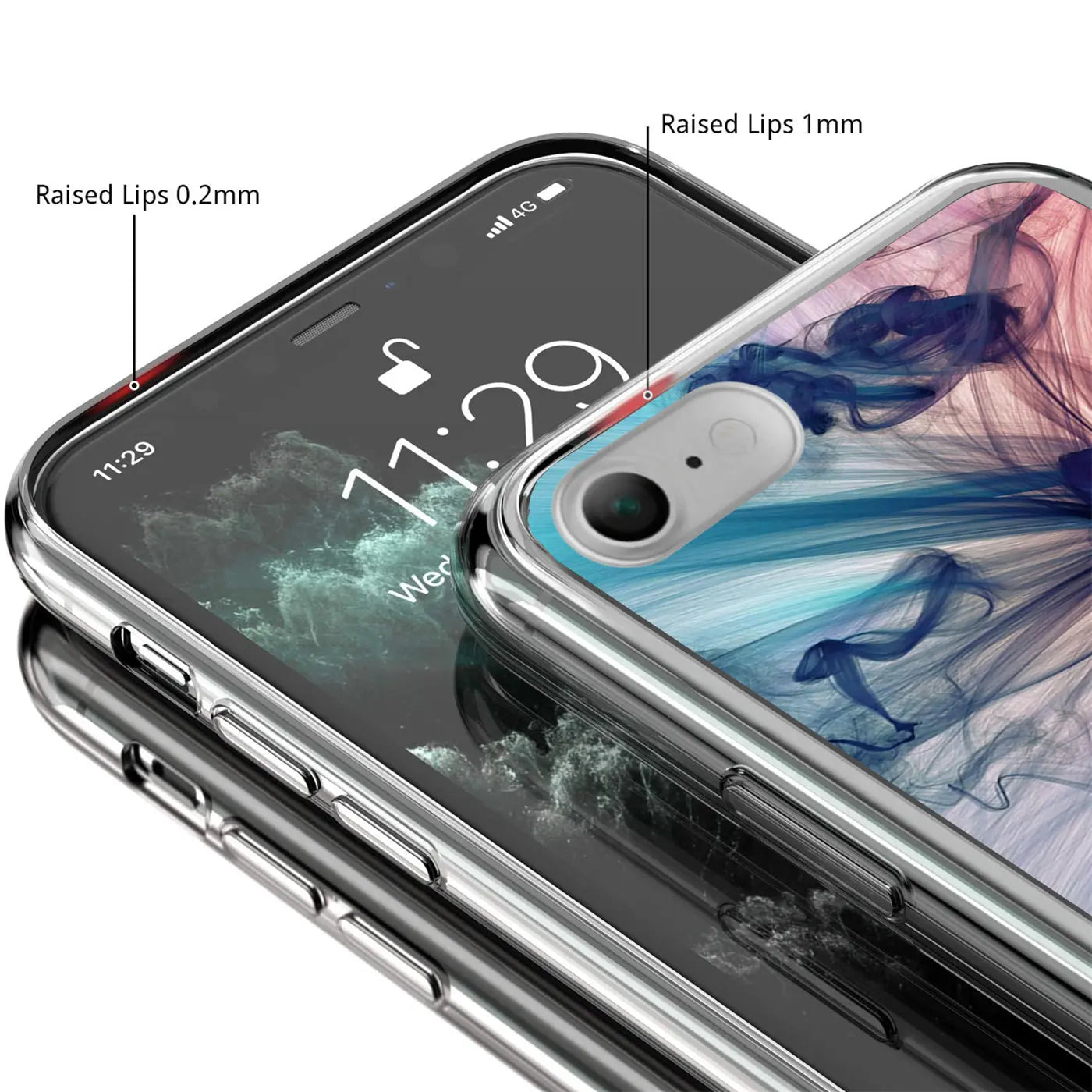 Transparente TPU-Hülle mit blau-rosa Motivdruck auf iPhone 7/8/SE 2/SE 3, schräg von oben.