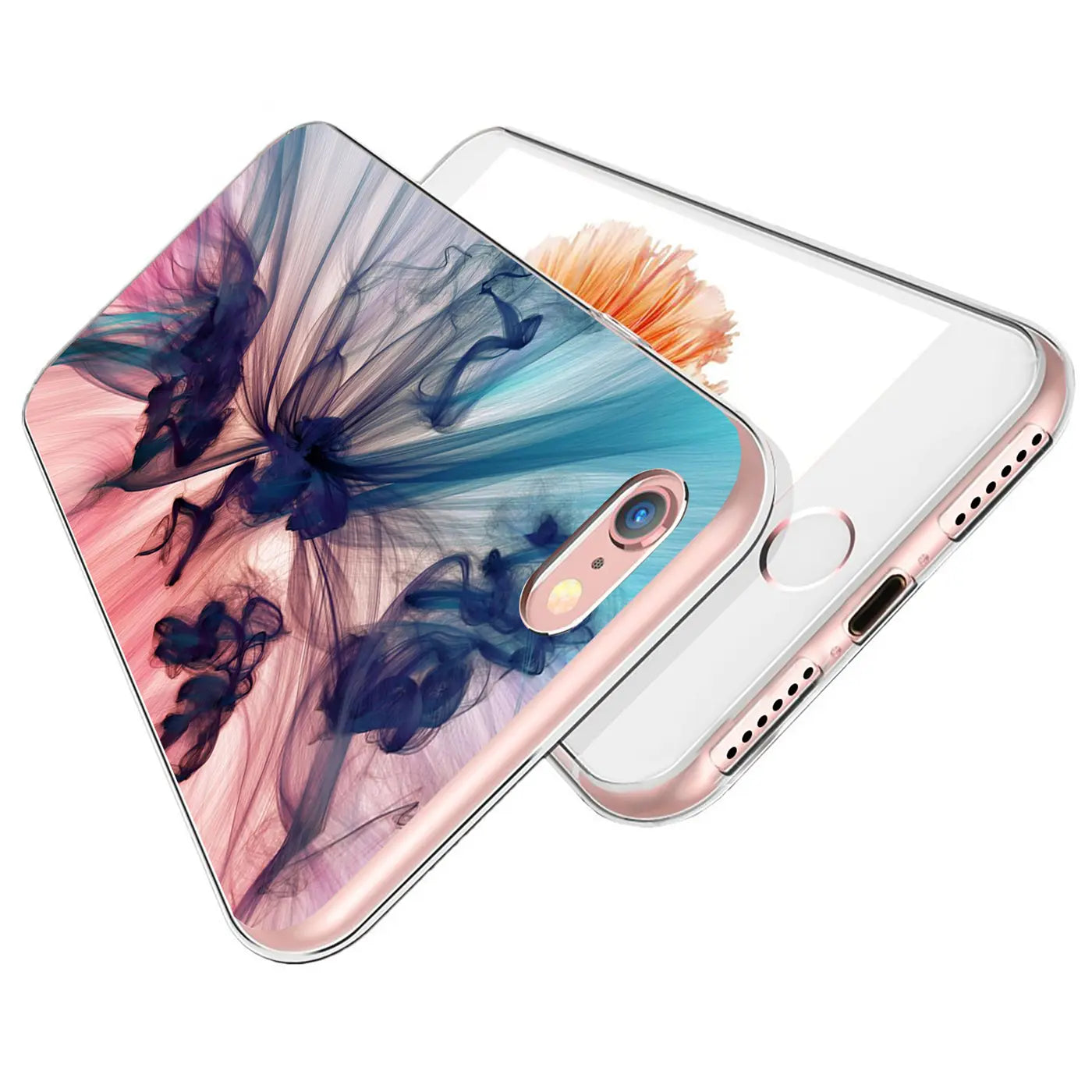 iPhone 7/8/SE 2/SE 3 mit transparenter TPU-Hülle, rosa-blauem Rauchmotiv, schräg von oben.