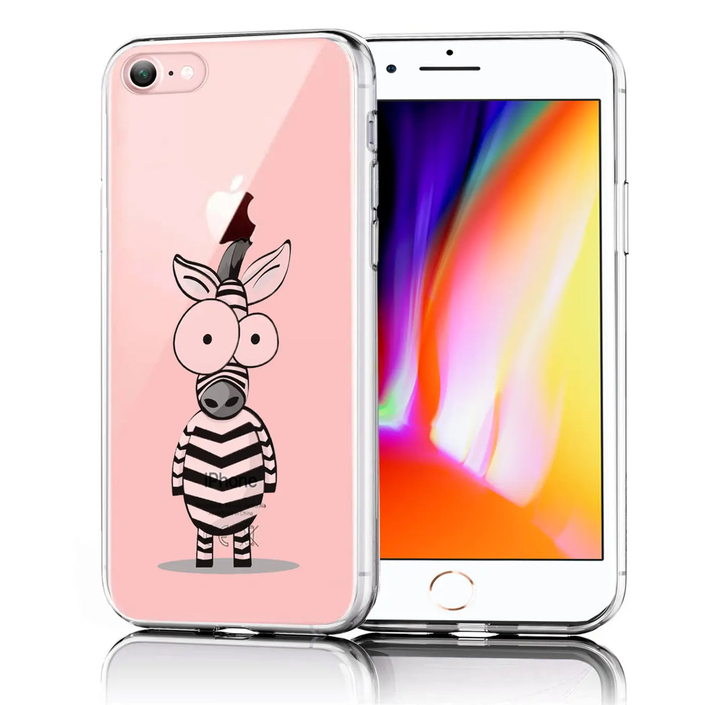 iPhone 7/8/SE 2/3 mit transparenter TPU-Hülle, rosa Rückseite mit Zebrabild, schräg von vorne.