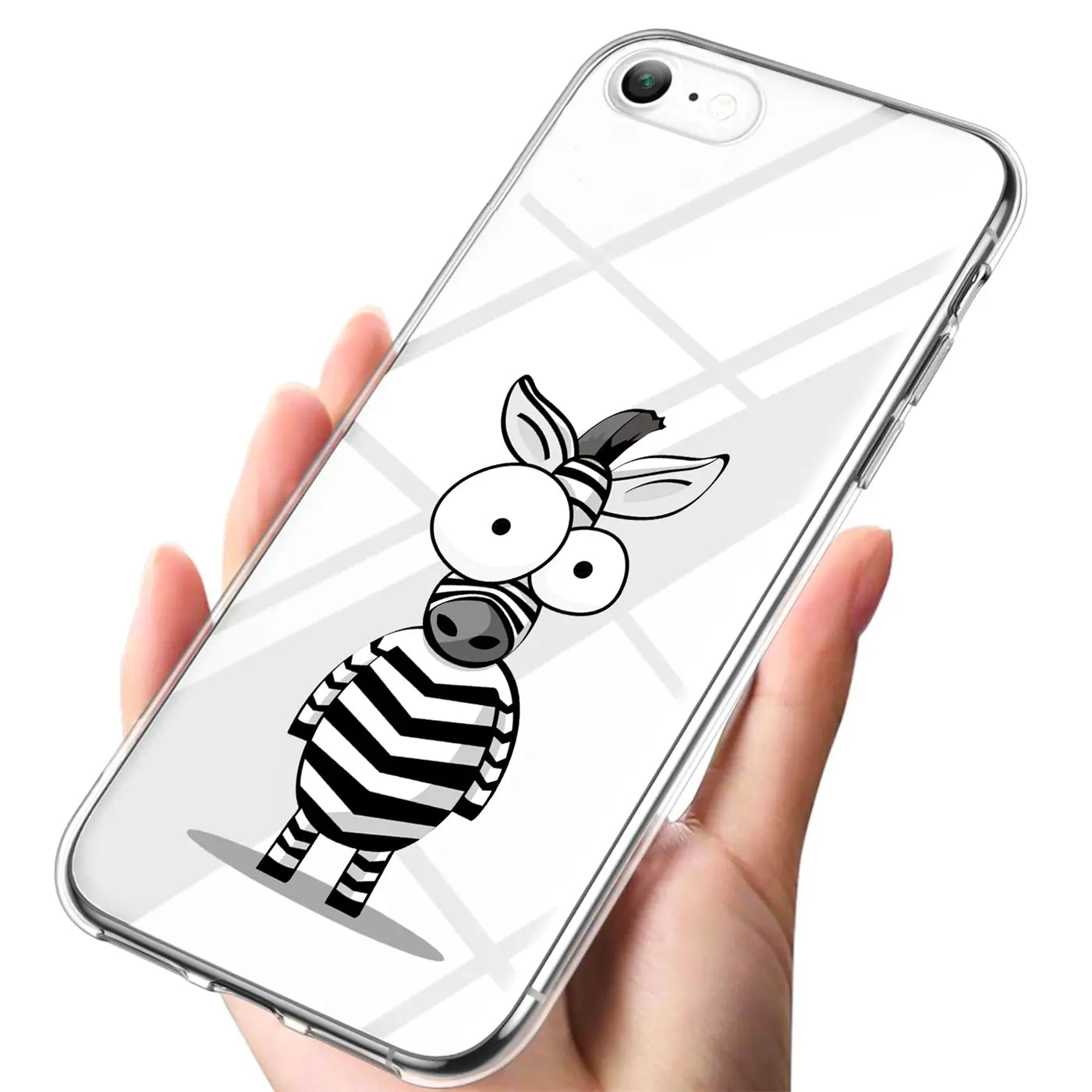 Transparente TPU-Hülle für iPhone 7/8/SE 2/SE 3 mit Zebrabild, schräg von oben in der Hand gehalten.