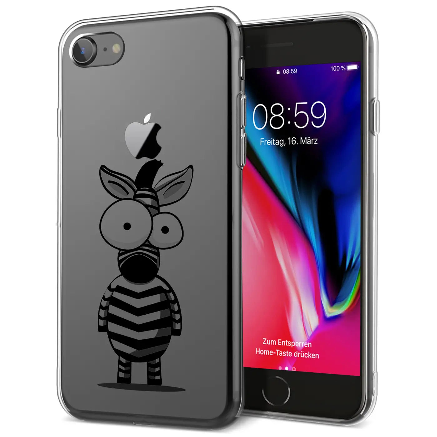 Transparente TPU Hülle mit Zebra-Motivdruck auf der Rückseite eines grauen iPhone SE 2/3, schräg von oben.