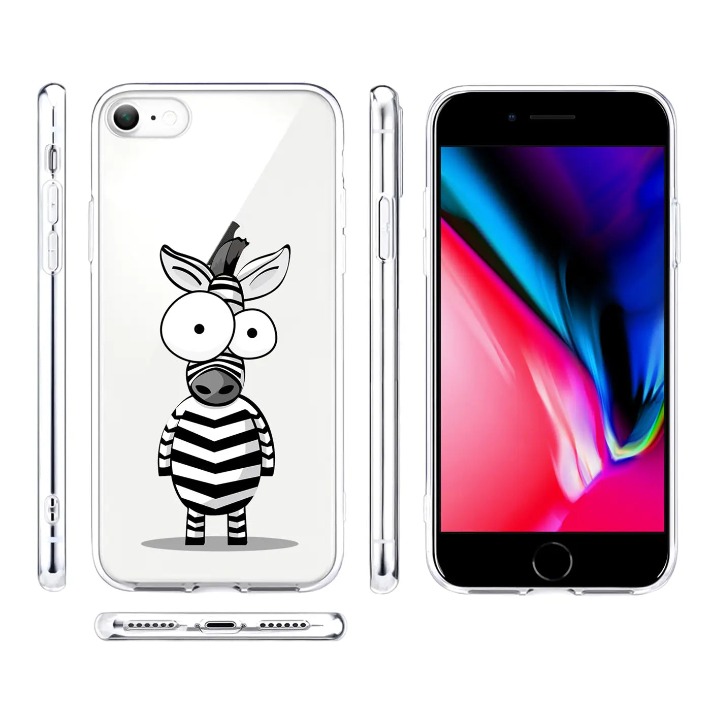 Transparente TPU-Hülle für iPhone 7/8/SE 2/SE 3 mit comicartigem Zebra-Motiv, Vorder- und Seitenansichten.