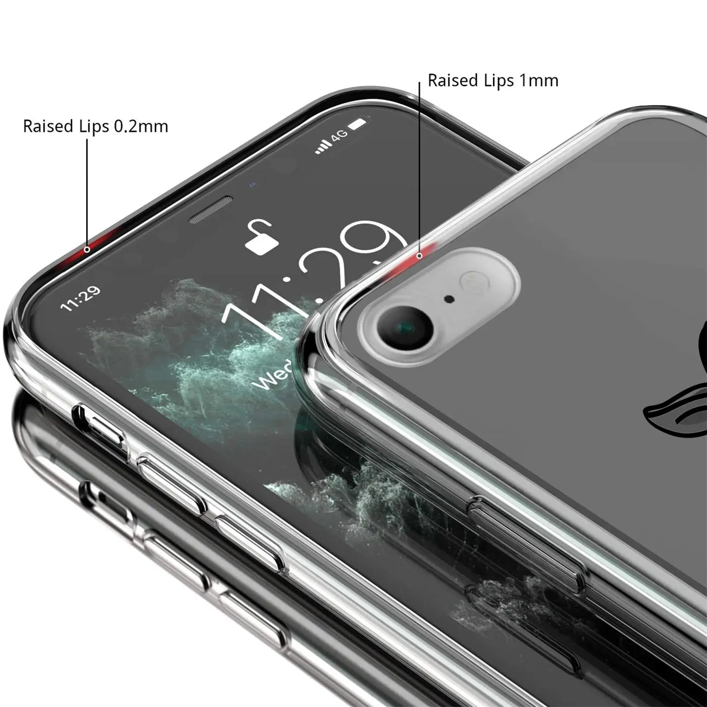 Transparente TPU-Hülle für iPhone 7/8/SE 2/SE 3, schräg von oben. Erhöhte Ränder 0,2mm vorne, 1mm hinten.