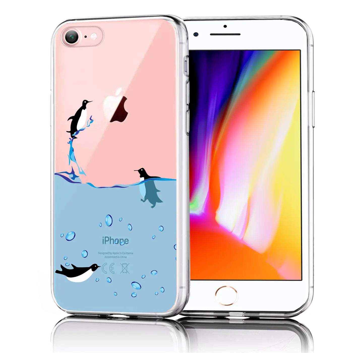 Transparente TPU-Hülle für iPhone 7/8/SE 2/SE 3 mit Pinguin-Motiv: Ein Pinguin springt aus dem Wasser, ein anderer schwimmt.
