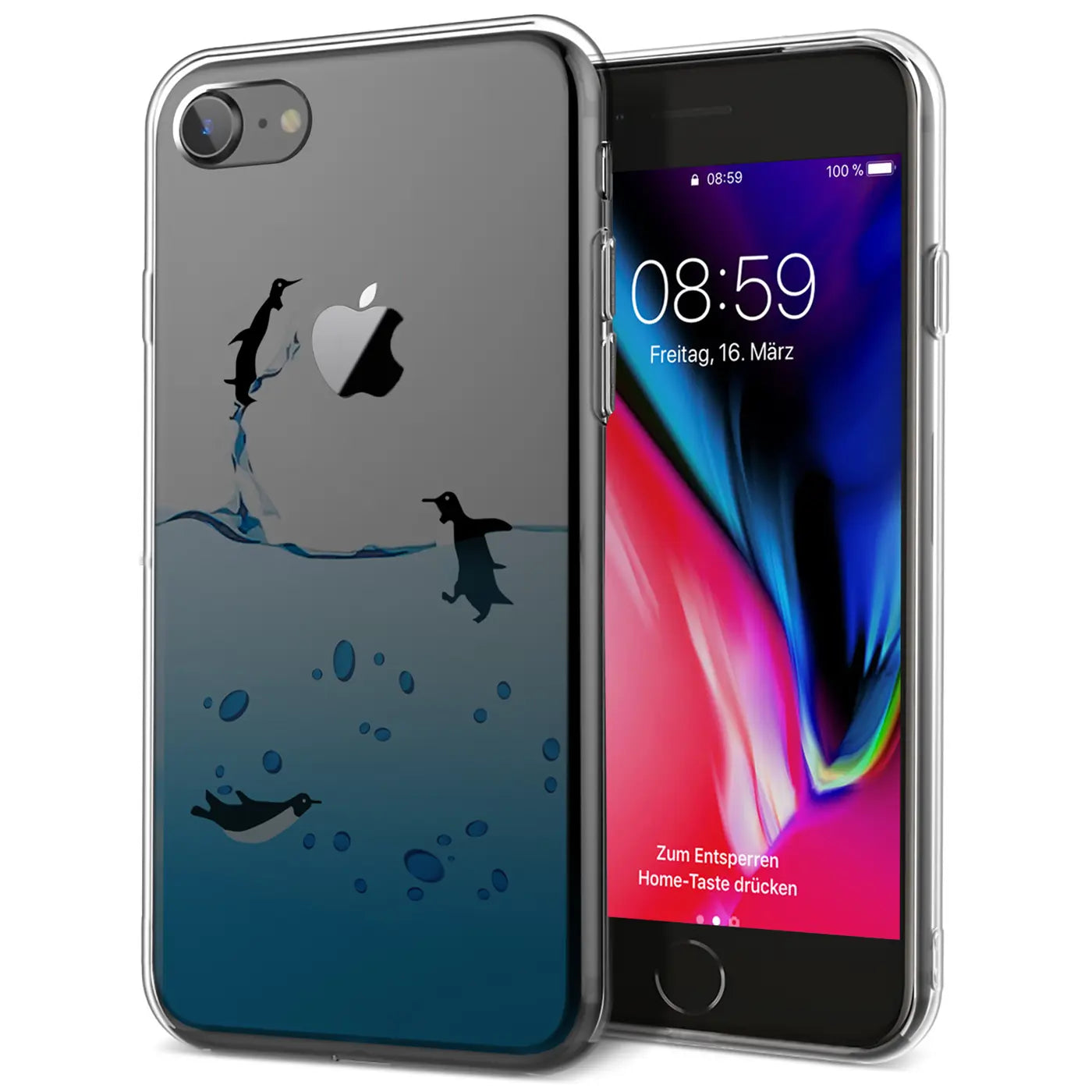 iPhone 7/8/SE 2/SE 3 in transparenter TPU-Hülle mit Pinguin-Motiv. Rückseite mit blauem Farbverlauf und Apple-Logo.