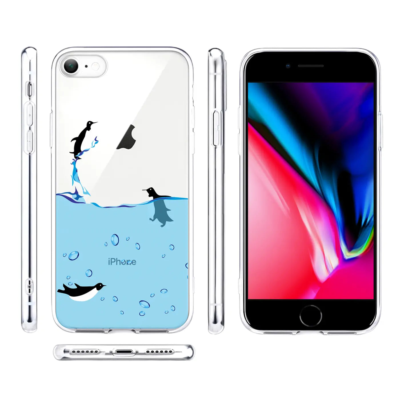 Transparente TPU-Hülle für iPhone 7/8/SE 2/SE 3 mit Pinguin-Motivdruck. Ansichten von Rückseite, Seiten und Vorderseite.