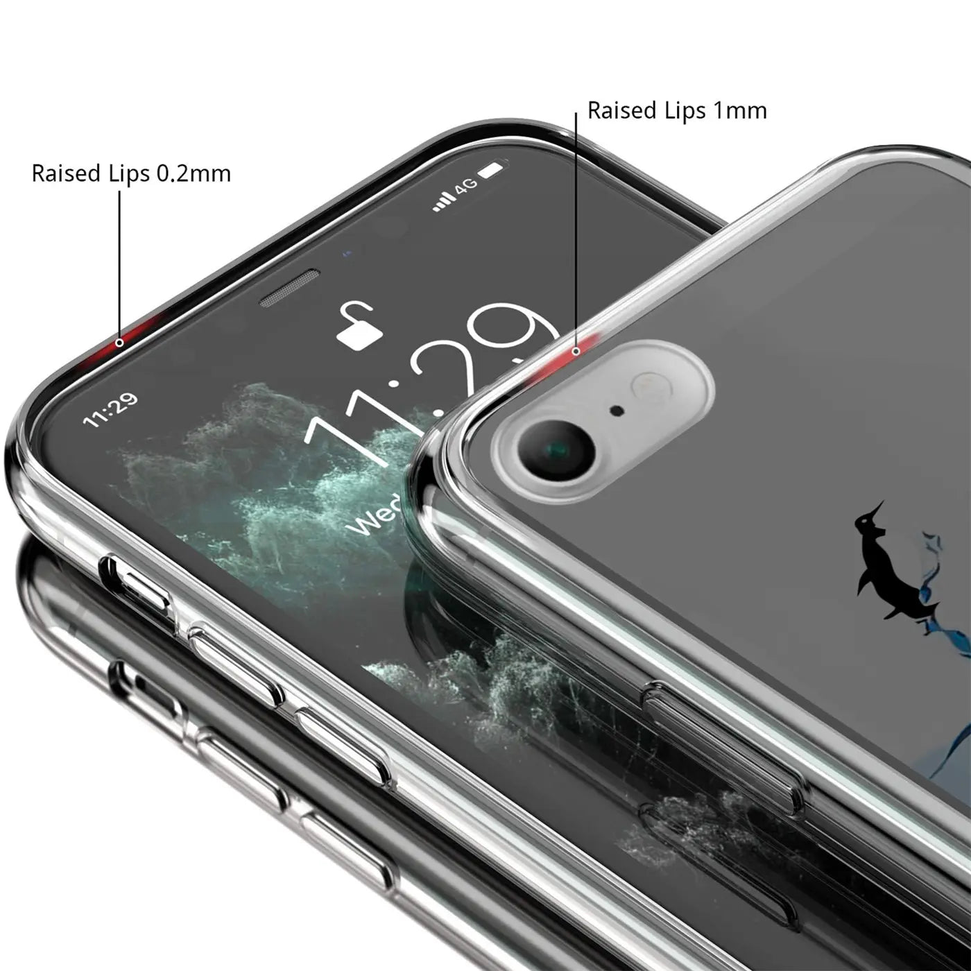 Transparente TPU-Hülle für iPhone 7/8/SE 2/SE 3 mit Pinguin-Motiv, schräg von oben, mit Schutzlippen-Hinweisen.