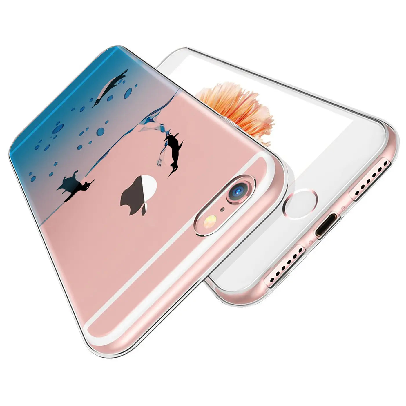 TPU Hülle für iPhone 7/8/SE 2/SE 3, transparent mit blau-pinkem Delfin-Motiv, schräg von oben.
