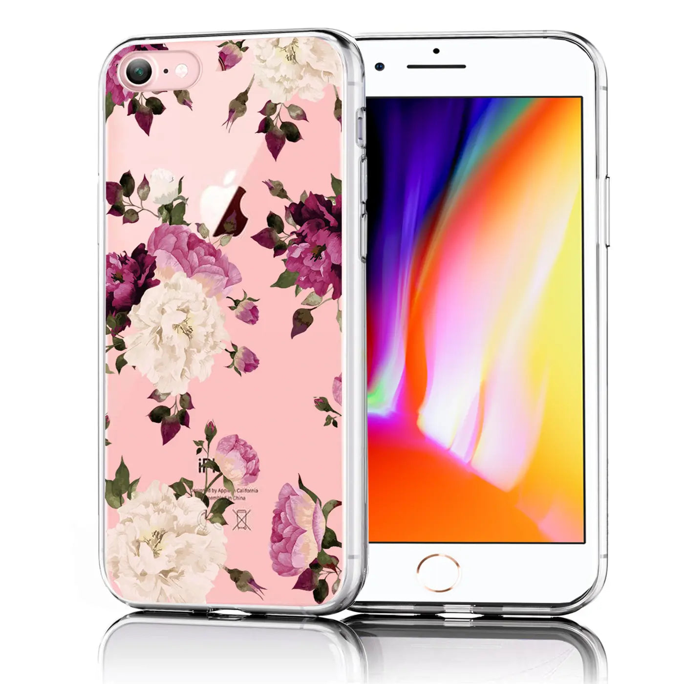 iPhone 7/8/SE 2/SE 3 mit transparenter TPU-Hülle, Rückseite mit rosa Hintergrund und lila/weißen Blumen.