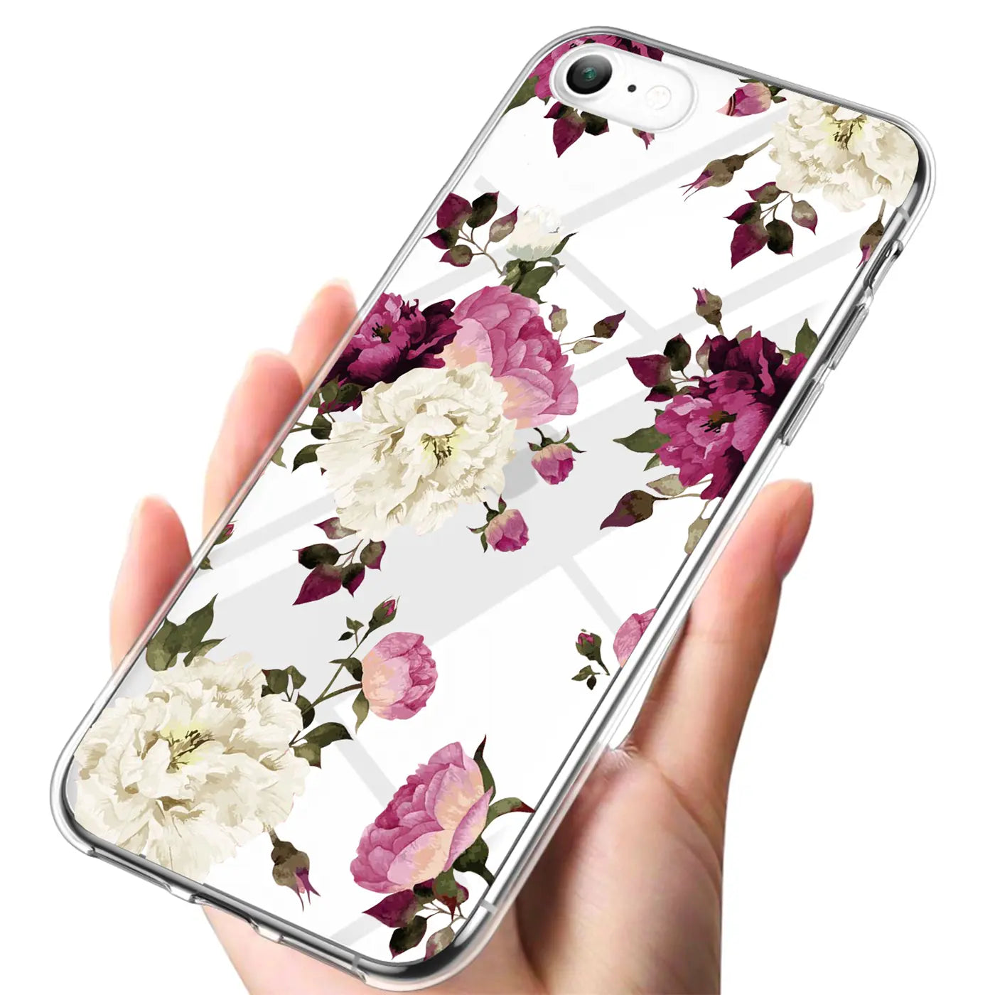 Hand hält ein iPhone 7/8/SE 2/3 mit transparenter TPU-Hülle, bedruckt mit weißen, rosa und bordeauxfarbenen Blüten.