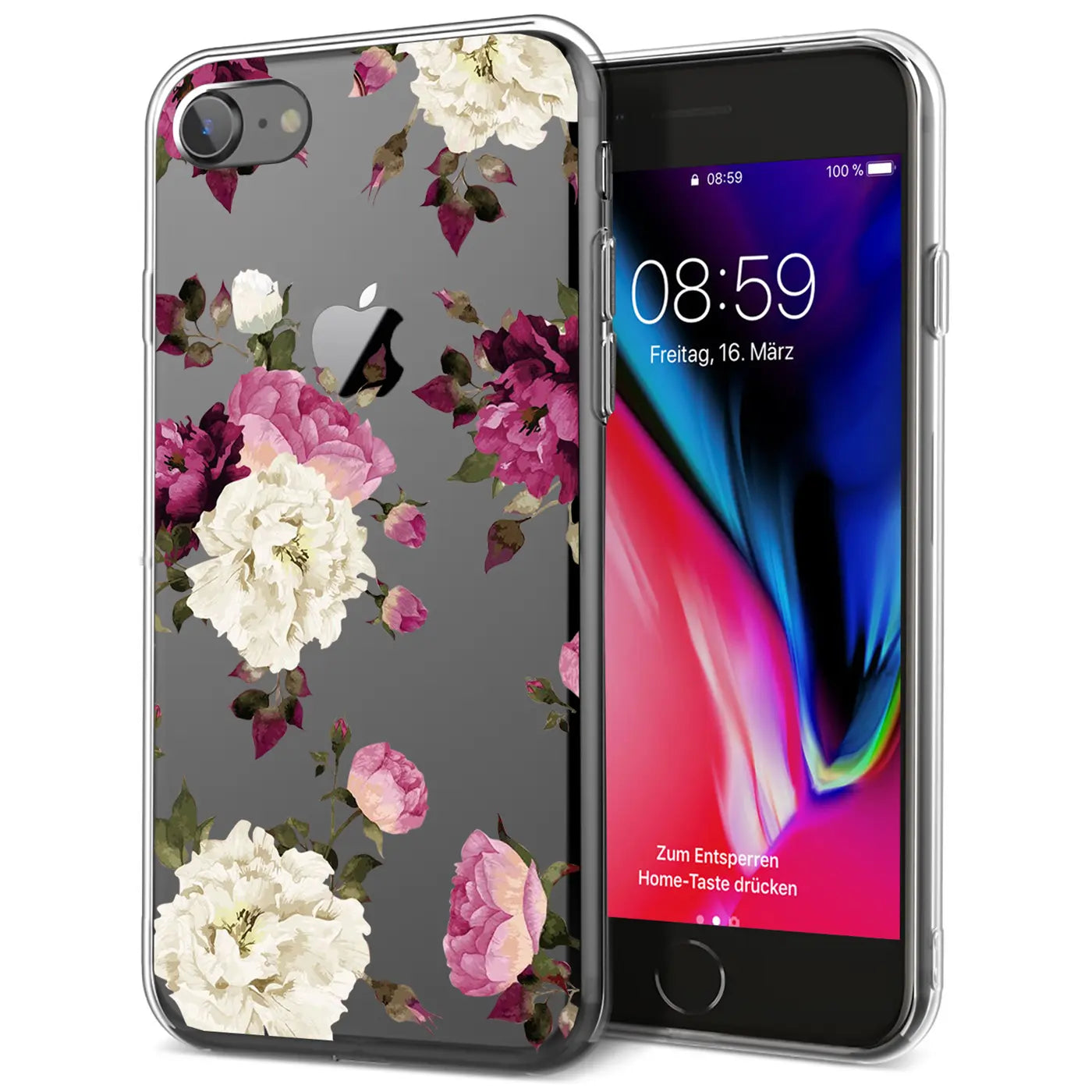 Transparente TPU-Hülle für iPhone 7/8/SE 2/SE 3 mit weißem und pinkem Blumenmuster, schräg von hinten rechts.