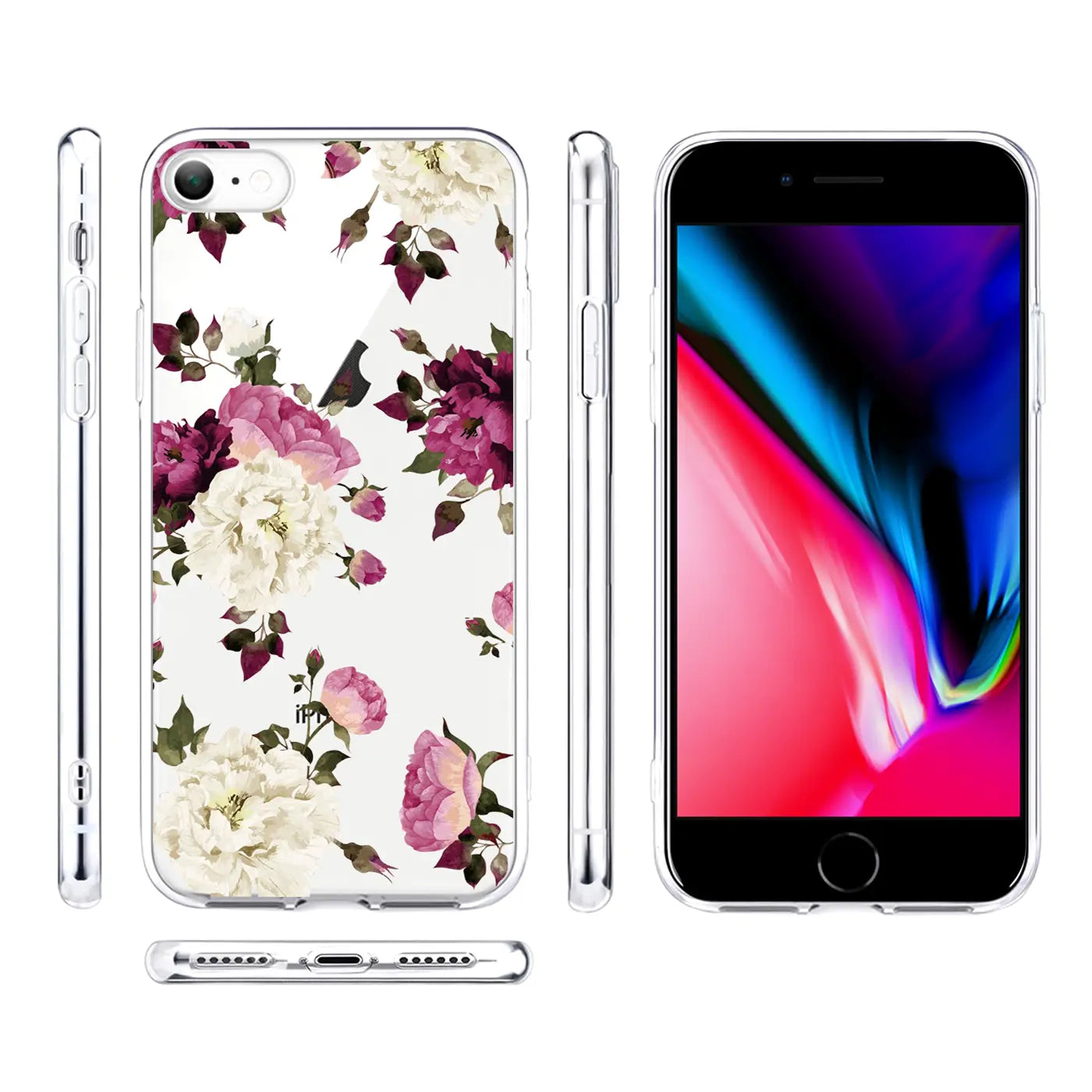 Transparente TPU-Hülle für iPhone 7/8/SE 2/SE 3 mit weißem und lila Blumenmotiv, von allen Seiten gezeigt.