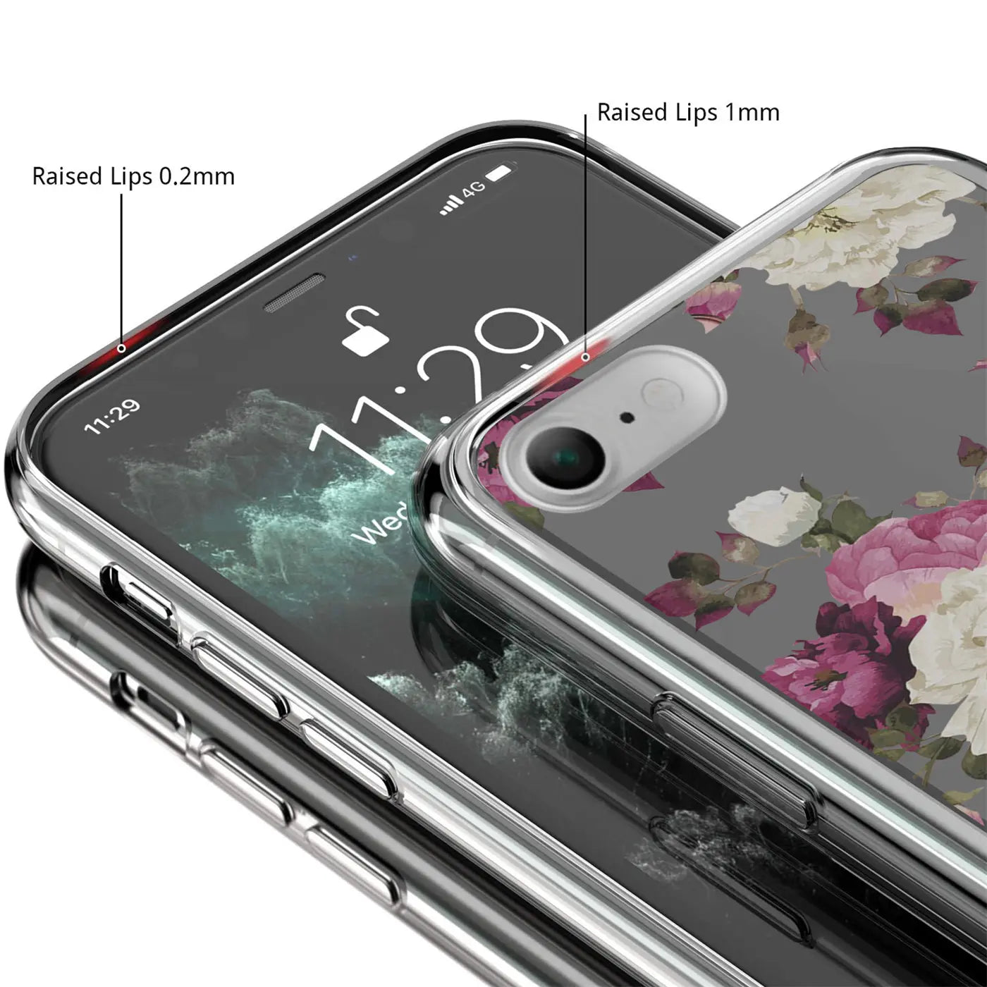 Transparente TPU-Hülle mit rosa/weißen Blumen auf einem iPhone 7/8/SE 2/SE 3, schräg von oben.