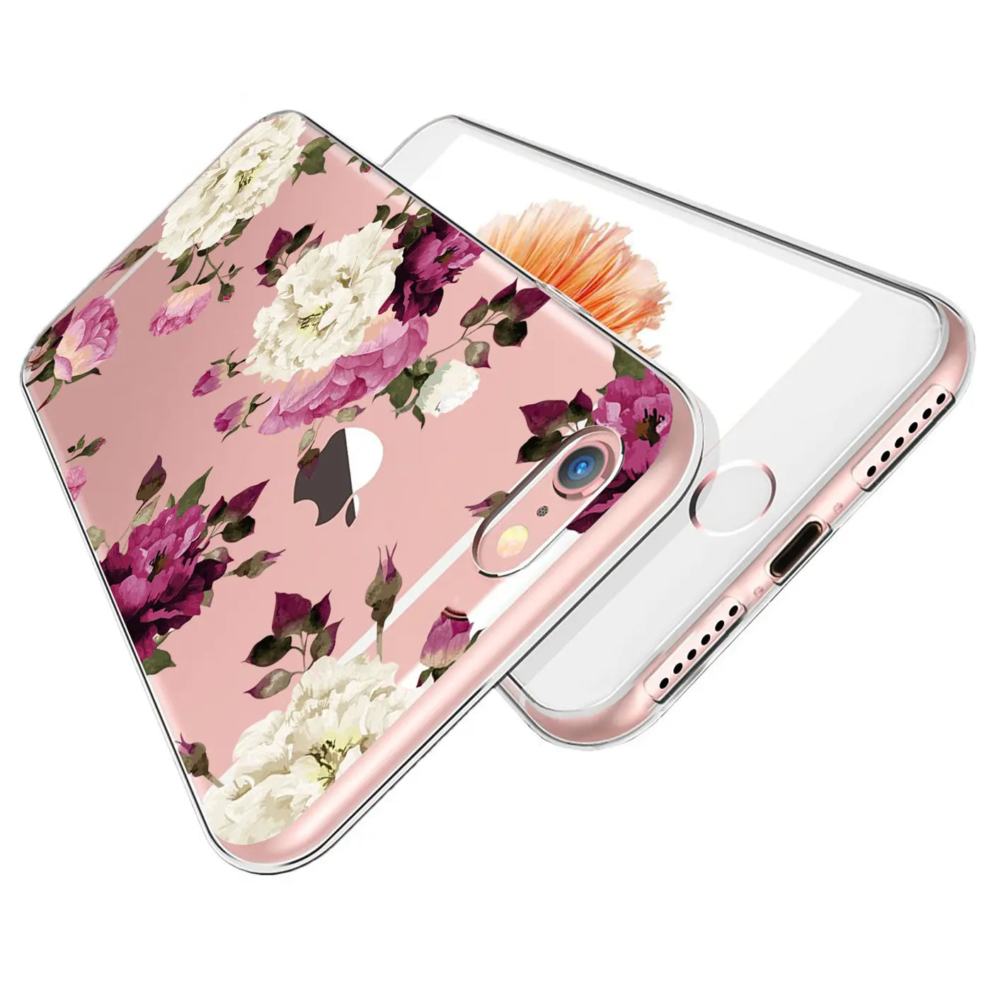 Rosafarbene, transparente TPU-Hülle mit weißen und lila Blumen für ein iPhone 7/8/SE 2/SE 3, schräg von oben.